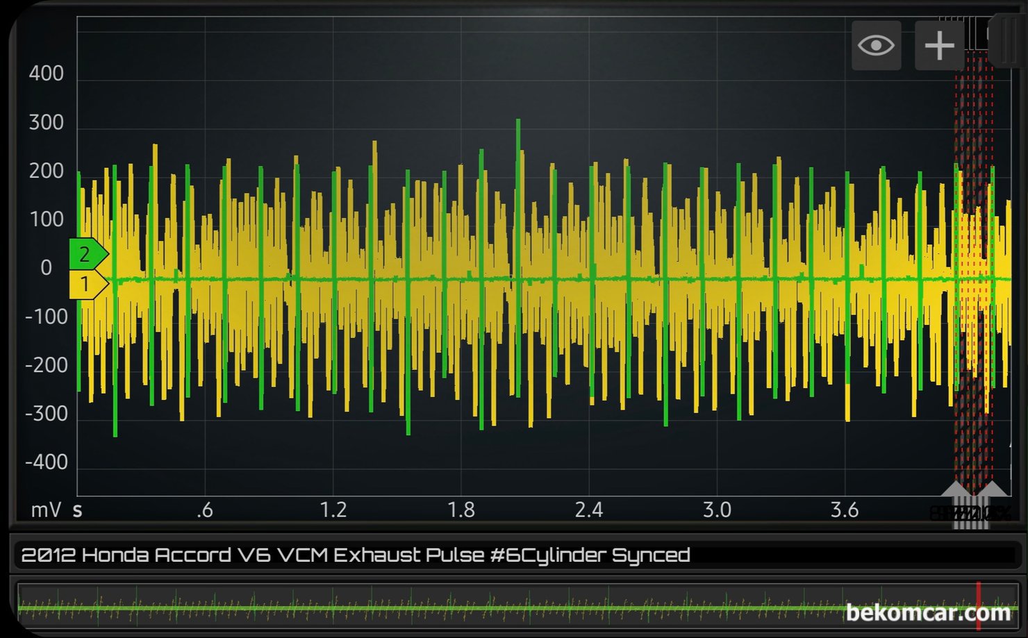 진단기에 실화 고장코드가 없는데 실제로는 실화가 있는지 어떻게 알 수 있을까요?, 2012년 혼다 어코드 V6 VCM 엔진 실제 실화 진단과정, 베콤카는 과학적이고 정밀분석을 전문으로 한다. 분명히 고장코드가 있었다가 또 확인하면 실화고장코드가 없다. 이런경우는 자주 발견된다. 오실로스코프 파형분석을 이용하여 실화 고장코드 없어도 실제 실화실린더 파악이 가능해진다. 배기밸브 펄스 파형으로, 진단기에는 실화코드가 없지만 실제 엔진실화가 있다는것을 알 수 있다.|bekomcar.com