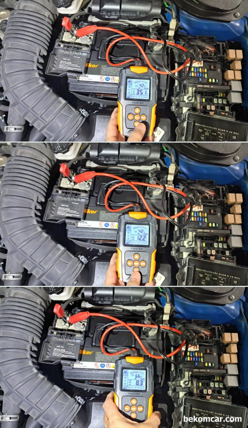 현대자동차 아반테 AD 2017년 1.6L GDI 엔진 중고차구매 점검기록, 수원중고자동차 매매단지 SK V1에서 현대자동차 아반테 AD 2017년 1.6L GDI 엔진 중고차구매 점검 기록. 배터리 상태를 진단한다. 배터리는 알터네이터 및 전체적인 차량내 충전시스템 점검시에 기본이다.  SOH는 66%, CCA 351A 로 배터리 교체가 필요한 상태로 판단된다.|贝科姆汽车 (bekomcar)