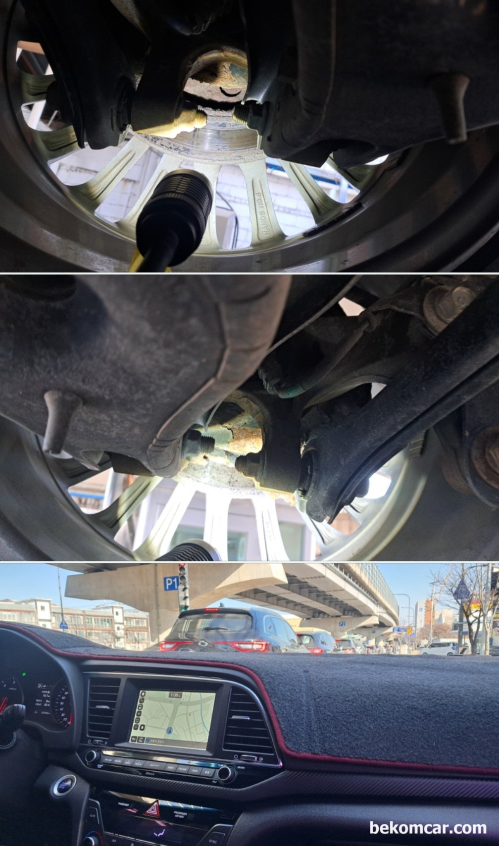 현대자동차 아반테 AD 2017년 1.6L GDI 엔진 중고차구매 점검기록, 수원중고자동차 매매단지 SK V1에서 현대자동차 아반테 AD 2017년 1.6L GDI 엔진 중고차구매 점검 기록. 주행시험을 한다. 급가속 및 급정거 그리고 요철구간등 중고차 매매상사 딜러와 함께 했다. 다행이 하체도 탄탄하고 부싱류등 이상 없으며 미션등 상태도 특이사항이 없게 판단된다. 하지만, 리프트에 올려서 하체를 점검하는데 뒤 바퀴 디스크, 브레이크 패드, 더스트커버 등 교체가 필요한 상태이다. 다른부위는 상대적으로 녹 이 없이 상당히 좋게 판단된다.|贝科姆汽车 (bekomcar)