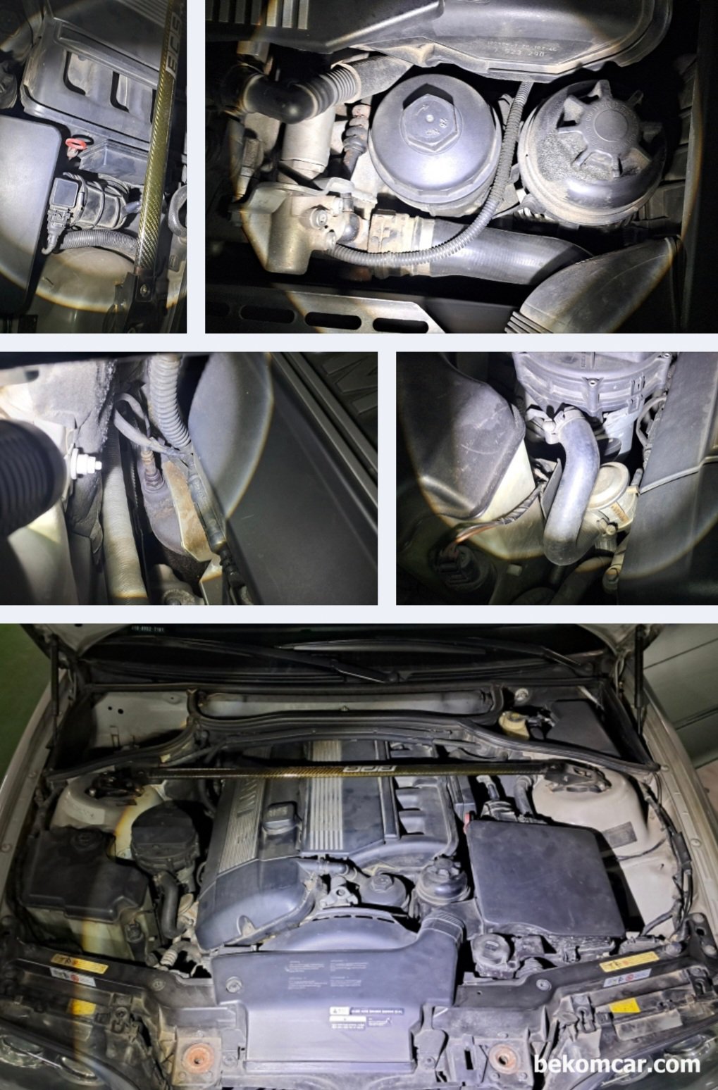 BMW E46 325Ci 2005, 실린더 배기 펄스파형 분석기록, BMW E46 325Ci 2005 엔진룸 육안 점검이다. 누유나 누수등이 발견되지 않는다. 다만 밸브커버 점화플러그 튜브 쪽에는 약간의 미세 누유 흔적들이 발견된다. 파워펌프 나 오일필터 에어펌프 에어필터 에어덕 등 상태는 특이 사항이 없다.|ベコムカー (bekomcar)