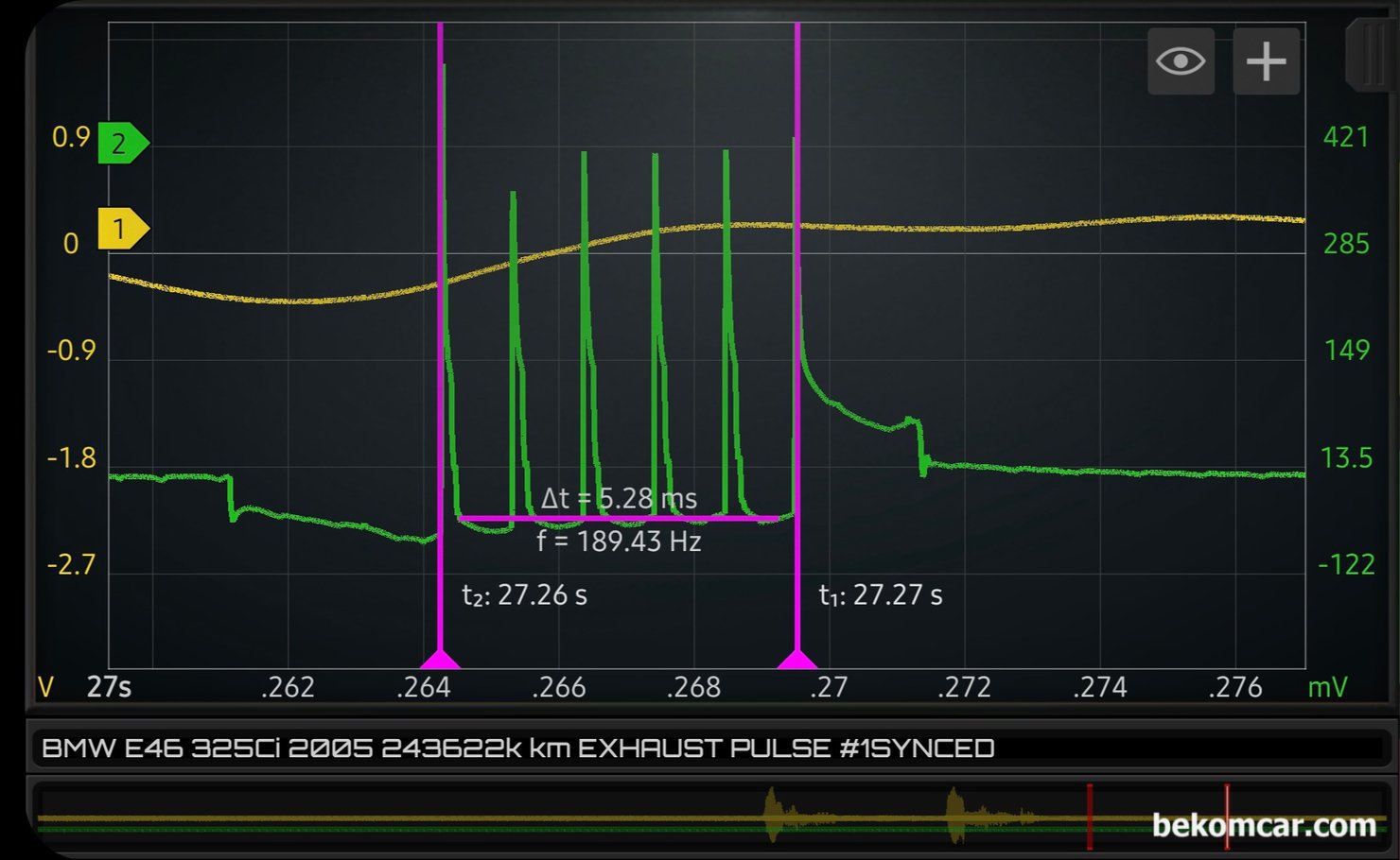 배기가스 매연줄이고 출력향상을 위해서 점화플러그 여러번 점화하는 다중점화플러그 샘플 파형은 어떻게 생겼나요?, BMW E46 325Ci 인라인 6기통 엔진의 다중점화 파형이다. 점화코일 작동시간 Dwell 구간은 왼쪽, 중앙에 다중 점화구간 그리고 오른쪽에 마지막 점화플러그 Burn Time 구간이다.|贝科姆汽车 (bekomcar)