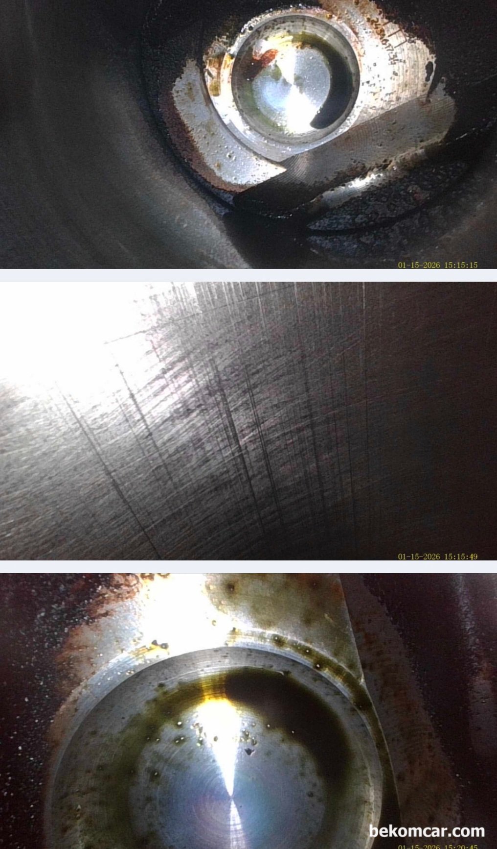 쉐보레 올 뉴 말리부 1.5T 에코텍 엔진, 냉간시 순간실화 증상 진단기록, 쉐보레 올 뉴 말리부 1.5T 에코텍 엔진, 약 14만키로 주행한 차량으로 실린더 내시경 검사결과 1번 실린더에서 스크래치가 발견된다. 아직 심한정도는 아니지만 무실 할 정도도 아니다. 피스톤 오일 컨트롤 링 이슈가 있는것으로 잠정 결론내린다.|ベコムカー (bekomcar)