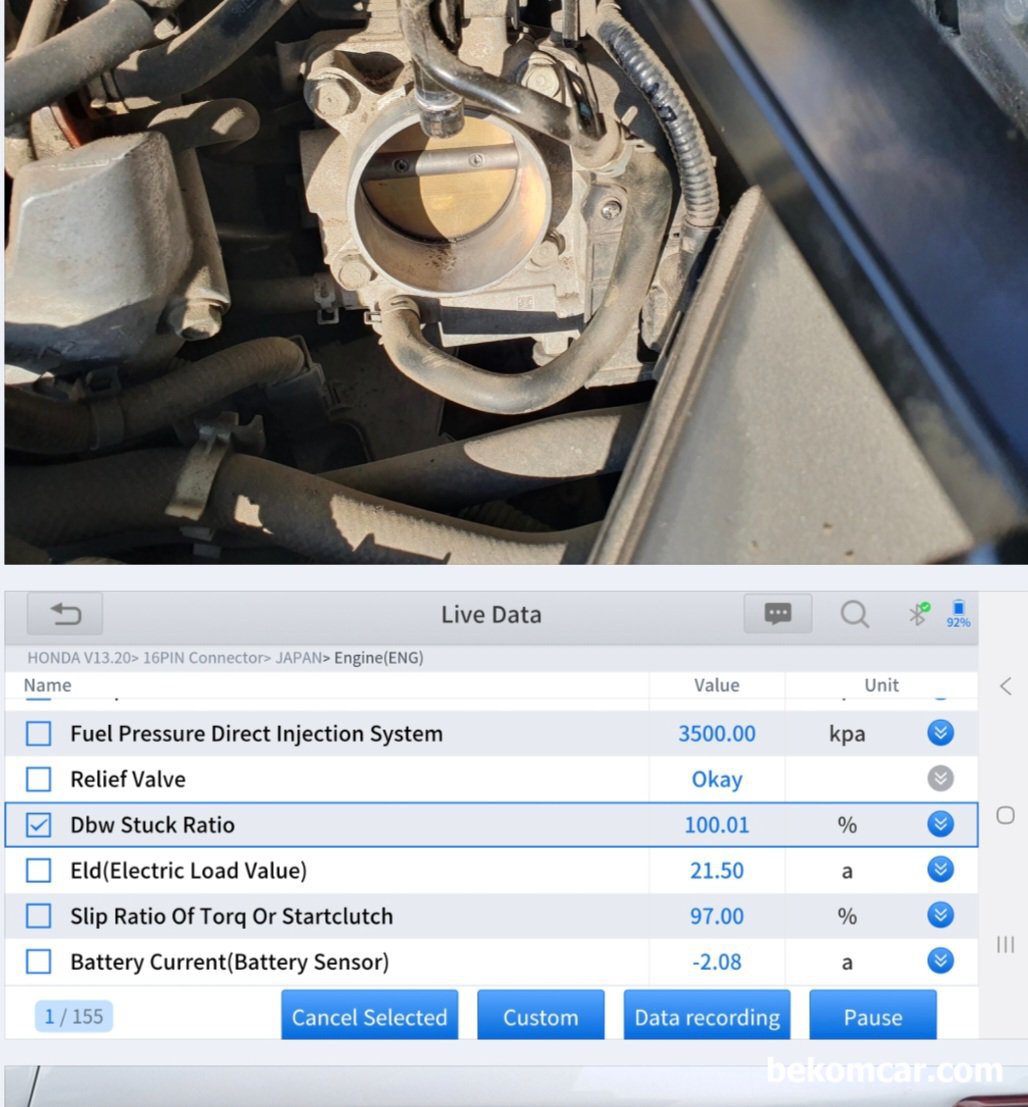 혼다 어코드 9세대 2.4L 쓰로틀바디 진단 및 청소와 리셋하기, 혼다 어코드 9세대 2.4L, 진단기 확인결과 쓰로틀바디 막힘율 (DBW Stuck Ratio)가 100%이다. 막상 쓰로틀바디 청소를 위하여 분해하니 먼지등 이물질이 있고 카본찌꺼기가 잔뜩 있다. 깨끗히 청소후 진단기로 쓰로틀바디 재 학습을 해 준다.|ベコムカー (bekomcar)