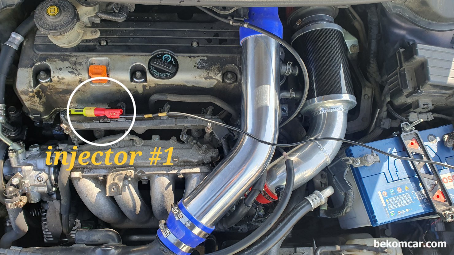 수퍼카 & 모닝 포함 모든 내연기관엔진 파형분석 실화진단 방법, 혼다 오딧세이 사례, 트리커채널 (싱크채널)은 인젝터 #1번에 하고 그라운드는 배터리 마이너스에 연결한다. 오실로스코프 전압은 +-5.0V로, 샘플링은 150Ks/S 정도로 한다. 측정은 가능한 냉간시, 열간시 등으로 차량상태 와 증상에 따라서 적절하게 측정해야 한다. 차량별로 접근성에 따라서 점화코일이나 인젝터등에 싱크채널 (트리거채널)을 하면 된다. 혼다 오딧세이 K24엔진 점화 순서는 1 3 4 2 번이다.|ベコムカー (bekomcar)