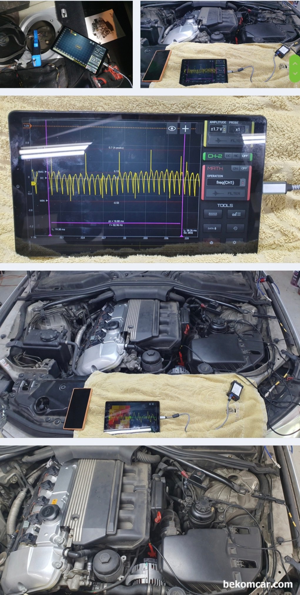 베콤카 현장출장 정비사 교육, 서울의 한 정비소, 베콤카 현장출장 정비사 교육으로 알터네이터 고장 진단방법 중 하나인 리플전압 측정과정 이다. 특이하게 스파이크가 규칙적으로 측정되고 있다.|ベコムカー (bekomcar)