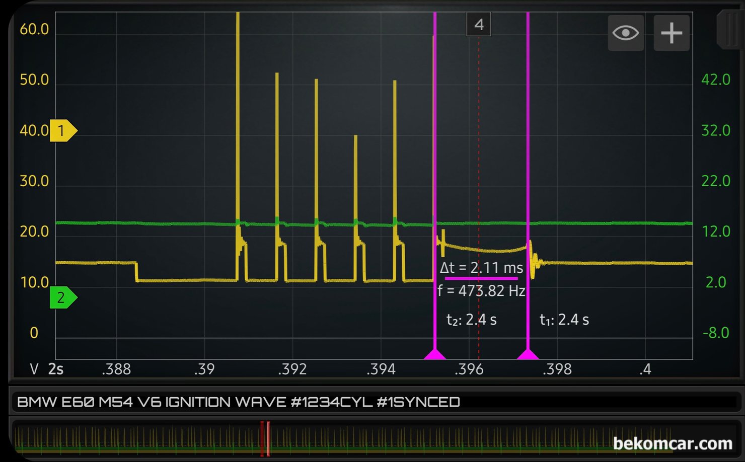 BMW E60 M54 점화코일 점화플러그 상태진단, 점화파형측정 기록, 이번에는 4번 실린더 점화파형을 자세히 살펴본다. 1개 점화파형이지만 여러개 파형처럼 보이는 것이 바로 다중점화, 여러번 점화플러그를 작동시키기 때문이다. 이번 측정에서는 한번에 6번 점화를 하고 있으며 점화플러그 번타임 (Burn Time)은 약 2.11ms 로 매우 좋다.  모든 에너지를 다 쏟아부어 점화가 다 끝나고서도 마지막에 꿈뜰거리는 오실레이션 (맥동?)도 확실하게 잘 표시되고 있다.  점화파형 측정차량은 BMW E60 M54 인라인 V6 엔진이다.|贝科姆汽车 (bekomcar)