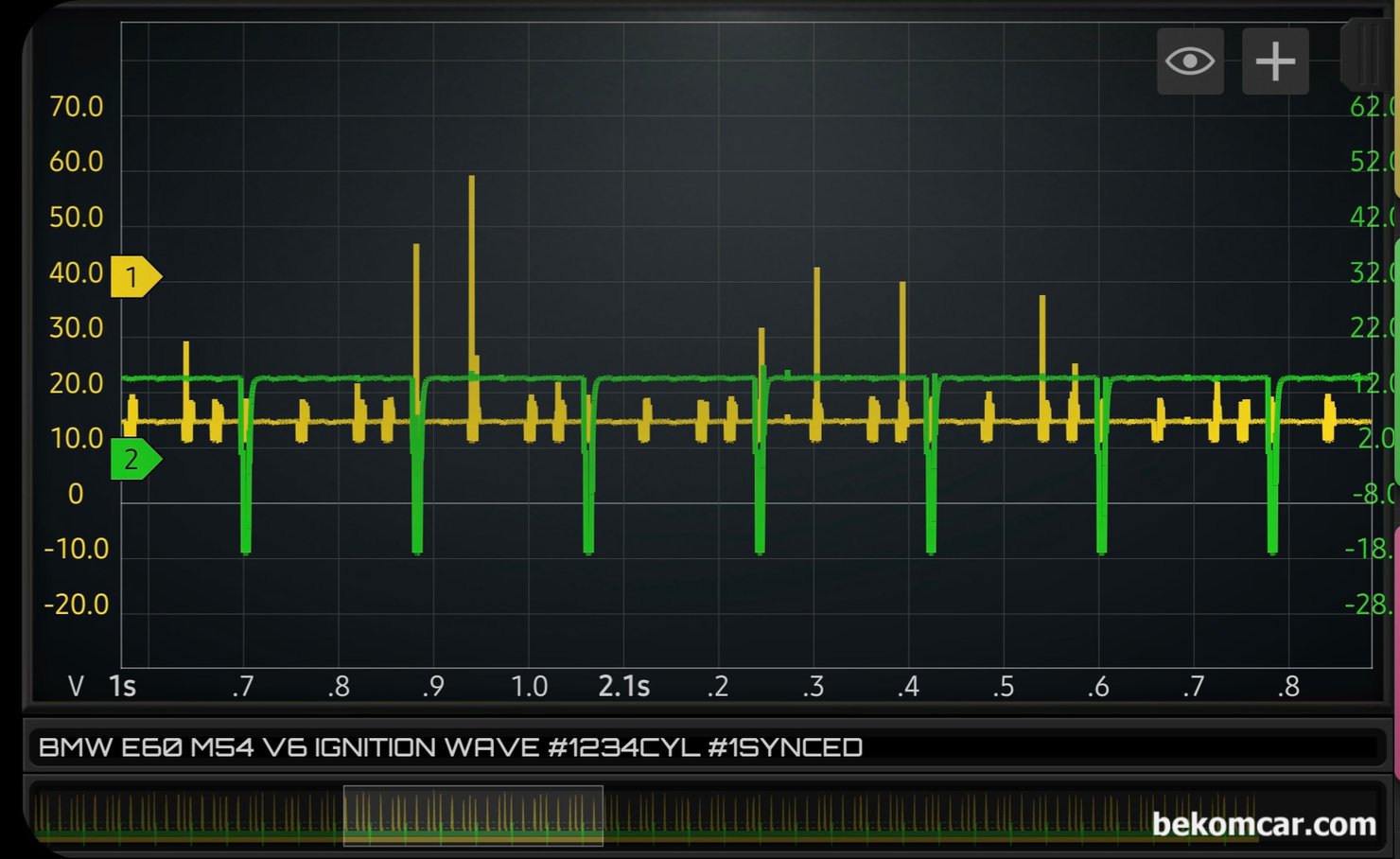 BMW E60 M54 점화코일 점화플러그 상태진단, 점화파형측정 기록, HS512Max 자동차전용 오실로스코프 와 4개 실린더 점화파형을 동시에 측정하는 LX4 프로브로 측정한 점화2차 파형이다. 전체적인 상태를 볼 수 있고 초록색이 #1번 트리거채널 (싱크채널)리고 노란색이 1~4번 실린더 점화2차 파형이다. BMW E60 M54 엔진 점화순서는 1 5 3 6  2 4 이다. 둘 다 국내 대리점으로 베콤카에서 수입공급하는 장비이다.|贝科姆汽车 (bekomcar)