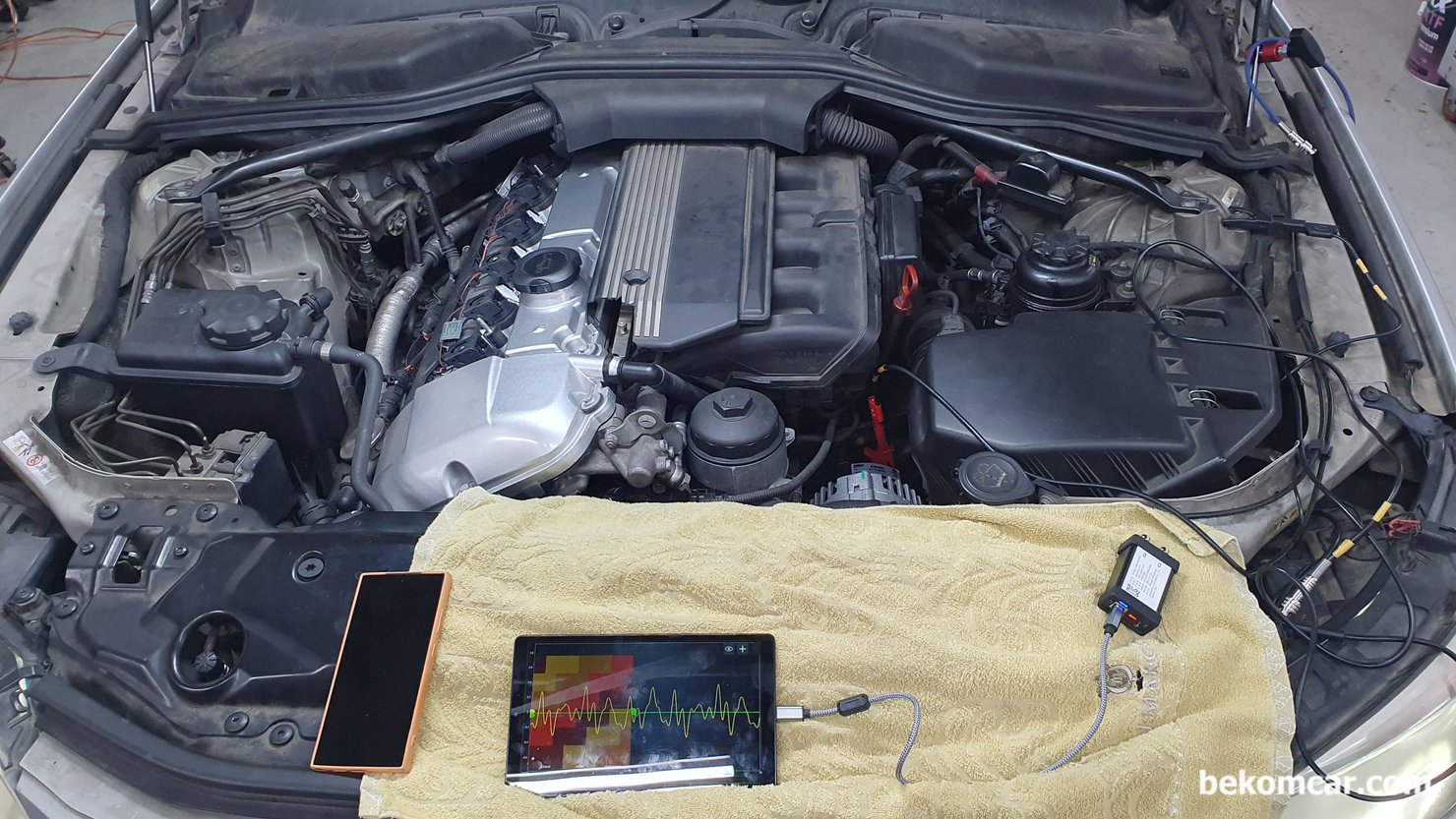 BMW E60 M54 엔진건강 검진, 실린더압축압력센서 기록, 아쉽게도 실린더압축압력센서 PS16 설치 환경을 사진으로 기록을 남기지 못 했다.  측정 환경은 HS512Max 자동차 전용 스코프와 ROTKEE PS16 실린더압축압력센서 를 이용하여 실린더압축압력을 측정하였다. 파형측정 차량은 BMW E60 M54 인라인 V6 이다.|贝科姆汽车 (bekomcar)