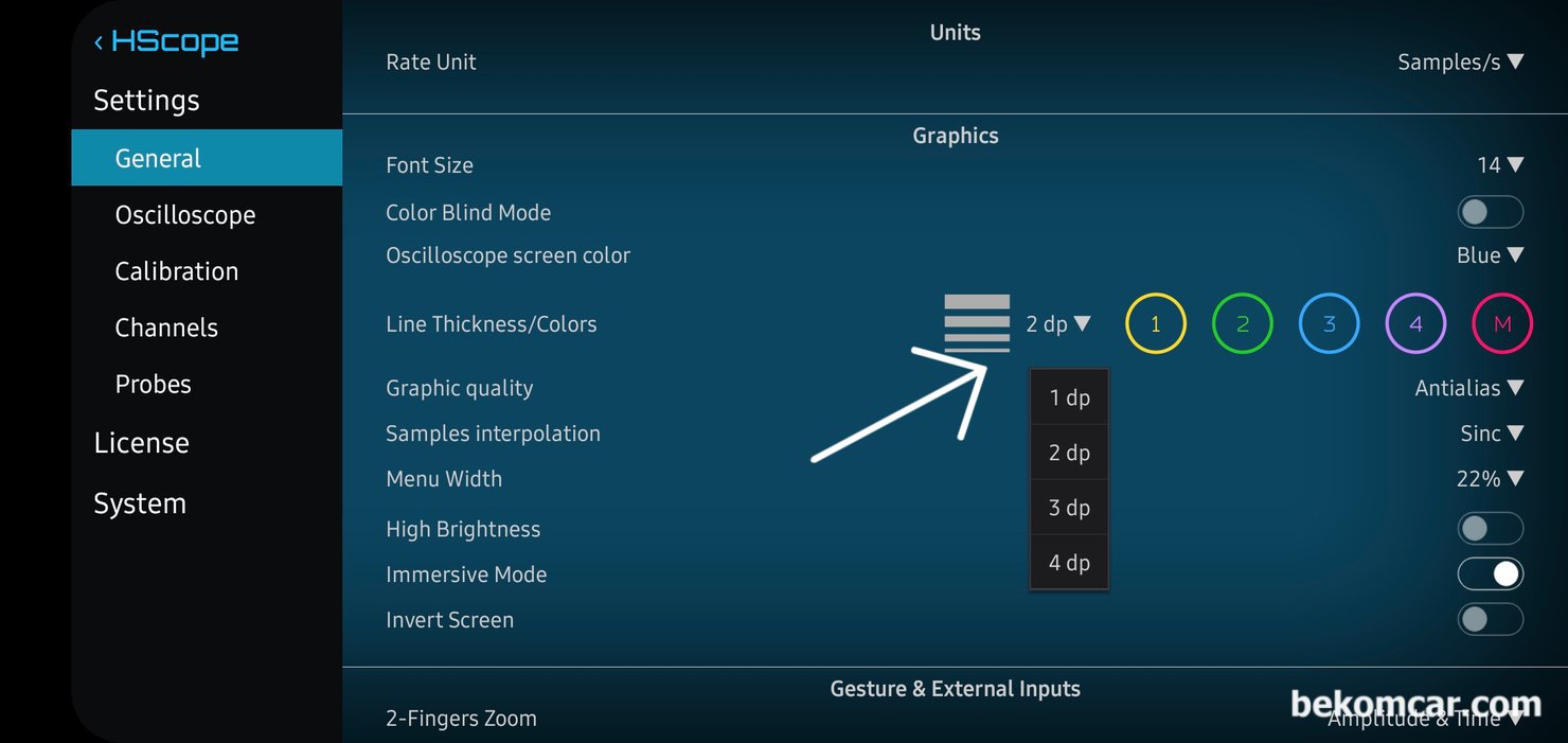 HS512Max 자동차전용 오실로스코프 파형두께 세팅하기, HS512Max 자동차전용 오실로스코프 파형두께 세팅하기 방법이다. 프로그램 세팅으로 이동하여 라인두께를 원하는것으로 선택하면 된다. 1dp 2dp 3dp & 4dp 두께가 지원된다.|贝科姆汽车 (bekomcar)
