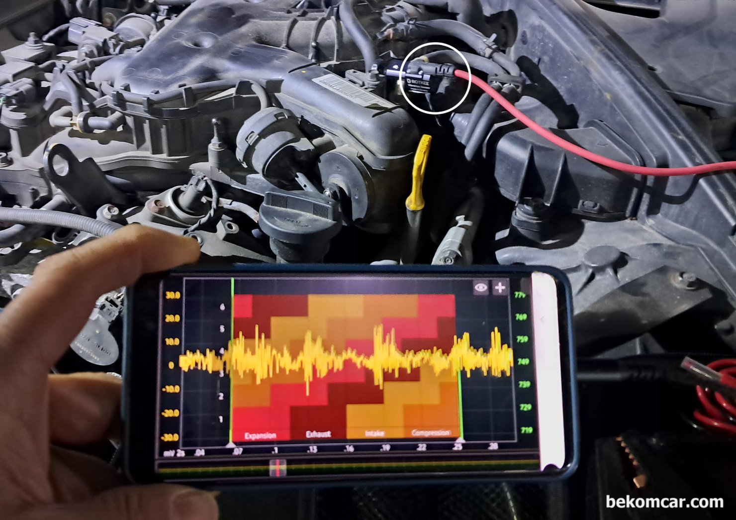 2019년 현대 G80 DH 3.3L GDI 공연비희박 P0171 진단기록, 2019년 현대 G80 DH 3.3L GDI 공연비희박 P0071 및 산소센서고장 P0036 진단기록. GDI 엔진의 인젝터는 접근성이 대체적으로 좋지 않다. 인렛 연료파이프 에서 인젝터가 열리때의 압력변화 및 연료유속 흐름 과 맥동을 측정하여 인젝터 카본막힘 & 분사량 상태 와 연료압력 상태를 분석하는 과정이다.|贝科姆汽车 (bekomcar)