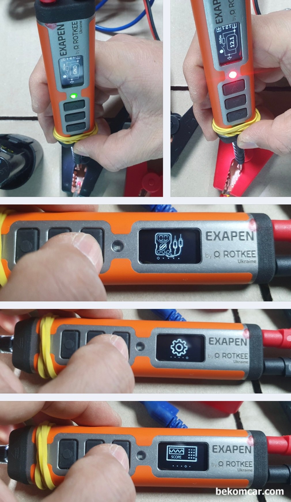ROTKEE ExaPen 회로점검 전용 특수측정 장비, ROTKEE ExaPen은 전원과 접지 등 LED 색으로 표시하고 옵션에서 세팅이 소리로 알려주기도 한다. 현장에서 정비사들이 좋아하는 기능들이다.|베콤카 차량정밀진단