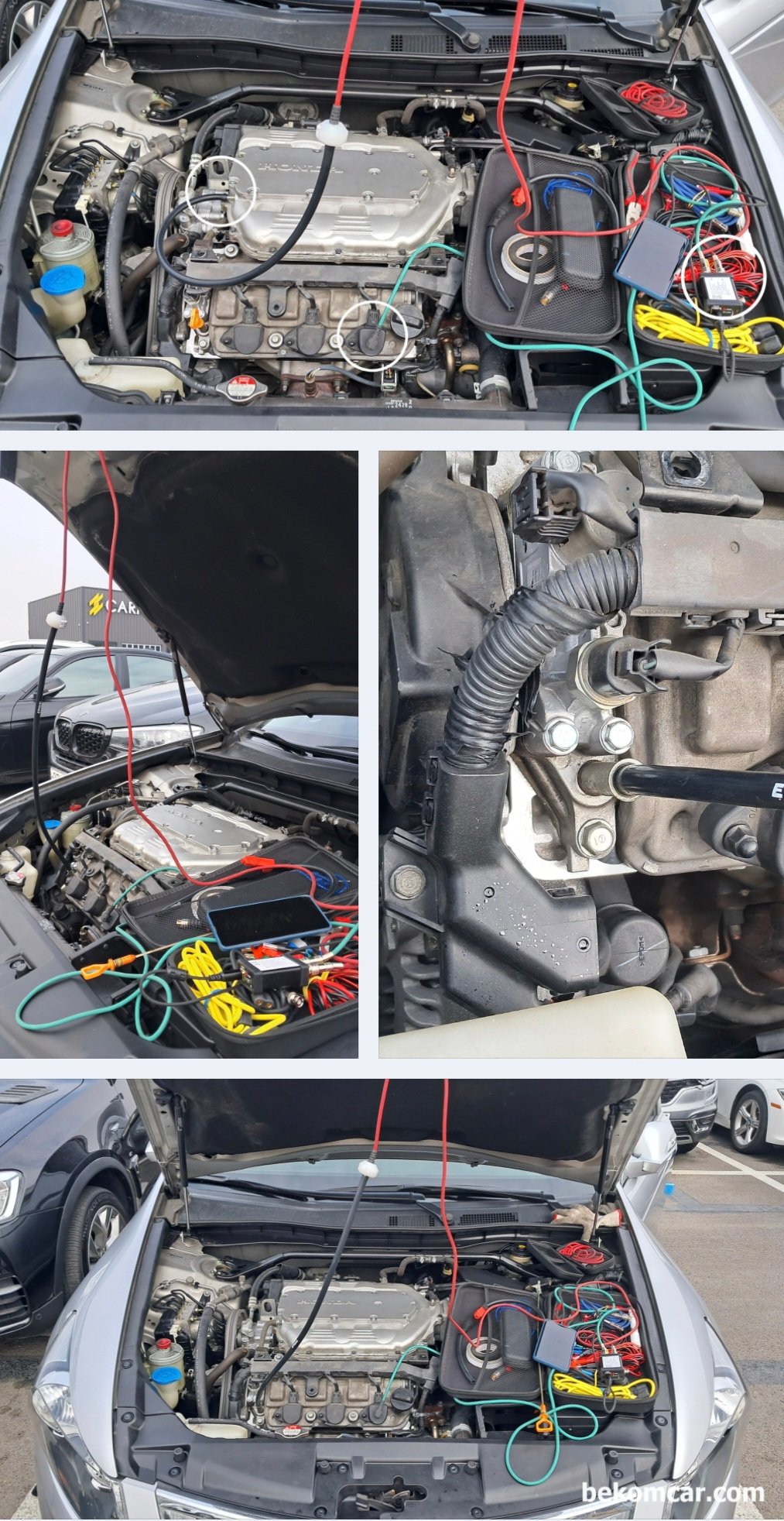 2010년 혼다 어코드 V6 3.5L 중고차구매 점검기록, 파형분석 & 실린더 내시경검사, 수원 중고차매매단지 도이치오토월드 출장진단, 2010년 혼다 어코드 V6 3.5L 중고차구매 하기 전 진단과정 이다. 엔진상태 (실화 및 흡기밸브 작동 & 간극 등 상태)를 알 수 있는 흡기 (Intake Pulse) 펄스 파형  & 피스톤 링 손상등 엔진 내부의 기계적 고장 분석을 위한 크랭크케이스 블로우 바이가스 파형 측정 세팅과정이다. ROTKEE PDS 피에조 펄스센서 및 HS412Max 스코프 등을 사용하고 있다.|bekomcar.com