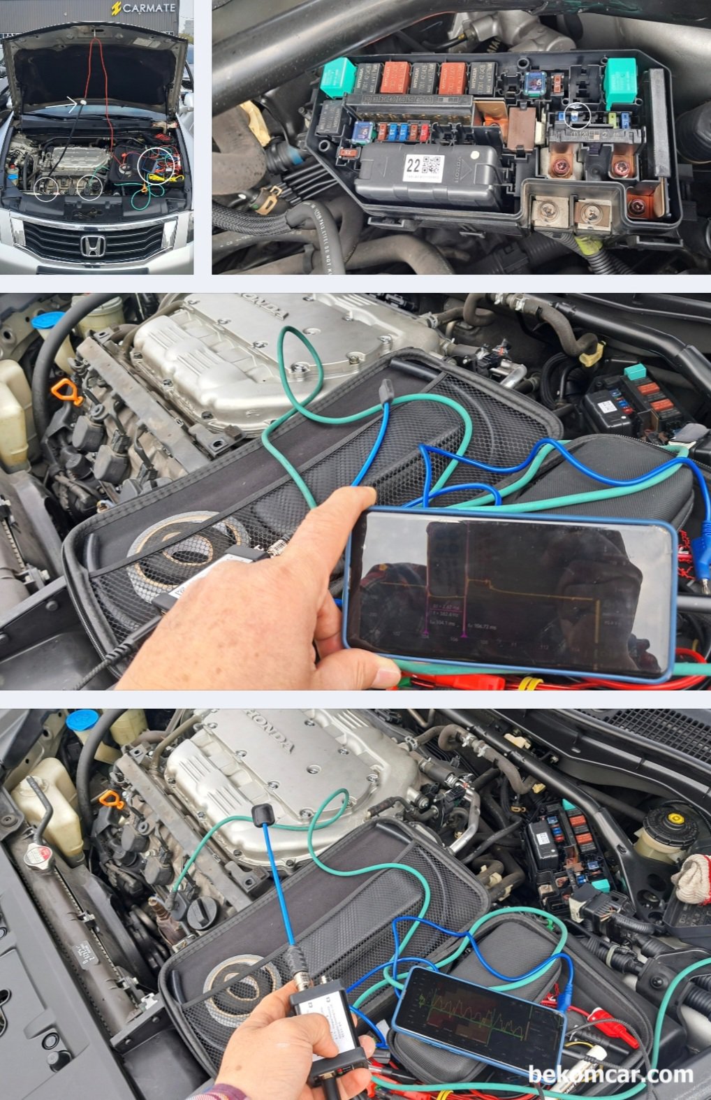 2010년 혼다 어코드 V6 3.5L 중고차구매 점검기록, 파형분석 & 실린더 내시경검사, 파형분석을 위한 세팅과정이다. 점화코일, 점화플러그, 인젝터 및 공연비상태등을 알 수 있는 파형측정이다. 또한 점화코일 (1~6번 실린더 전체 동시 비교분석) 파형측정도 매우 중요하다. 엔진룸 휴즈박스 15A (하얀색 마킹 동그라미 부분) 가 IG COIL 휴즈이다. 휴즈 점퍼와 소전류계를 이용하여 전류량 측정을 통하여 점화코일 등 점화상태를 진단하는 방법이다.  #6번 실린더에 트리거 채널을 연결한다.  수원 중고차매매단지 도이치오토월드 출장진단, 2010년 혼다 어코드 V6 3.5L 중고차구매 진단 과정이다.|bekomcar.com