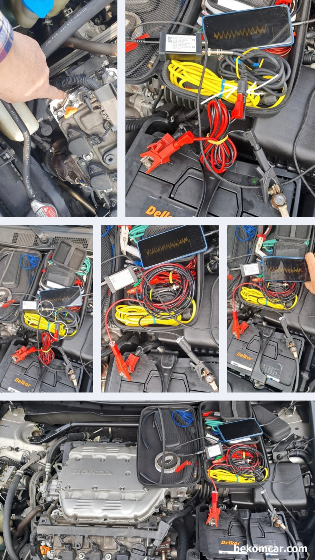 2010년 혼다 어코드 V6 3.5L 중고차구매 점검기록, 파형분석 & 실린더 내시경검사, 수원 중고차매매단지 도이치오토월드 출장진단, 2010년 혼다 어코드 V6 3.5L 중고차구매 하기 전 진단과정중에서 엔진상태 (실화 및 흡기밸브등 상태)를 알 수 있는 흡기 (Intake Pulse) 펄스 파평분석을 위한 세팅과정이다. ROTKEE PDS 피에조 펄스센서, HS412Max 스코프 및 각종 특수 스코프 프로브를 등을 사용하고 있다. 사용되고 있는 스코프와 펄스센서등은 베콤카에서 국내대리점으로 수입 공급하고 있는 장비들이다.|bekomcar.com