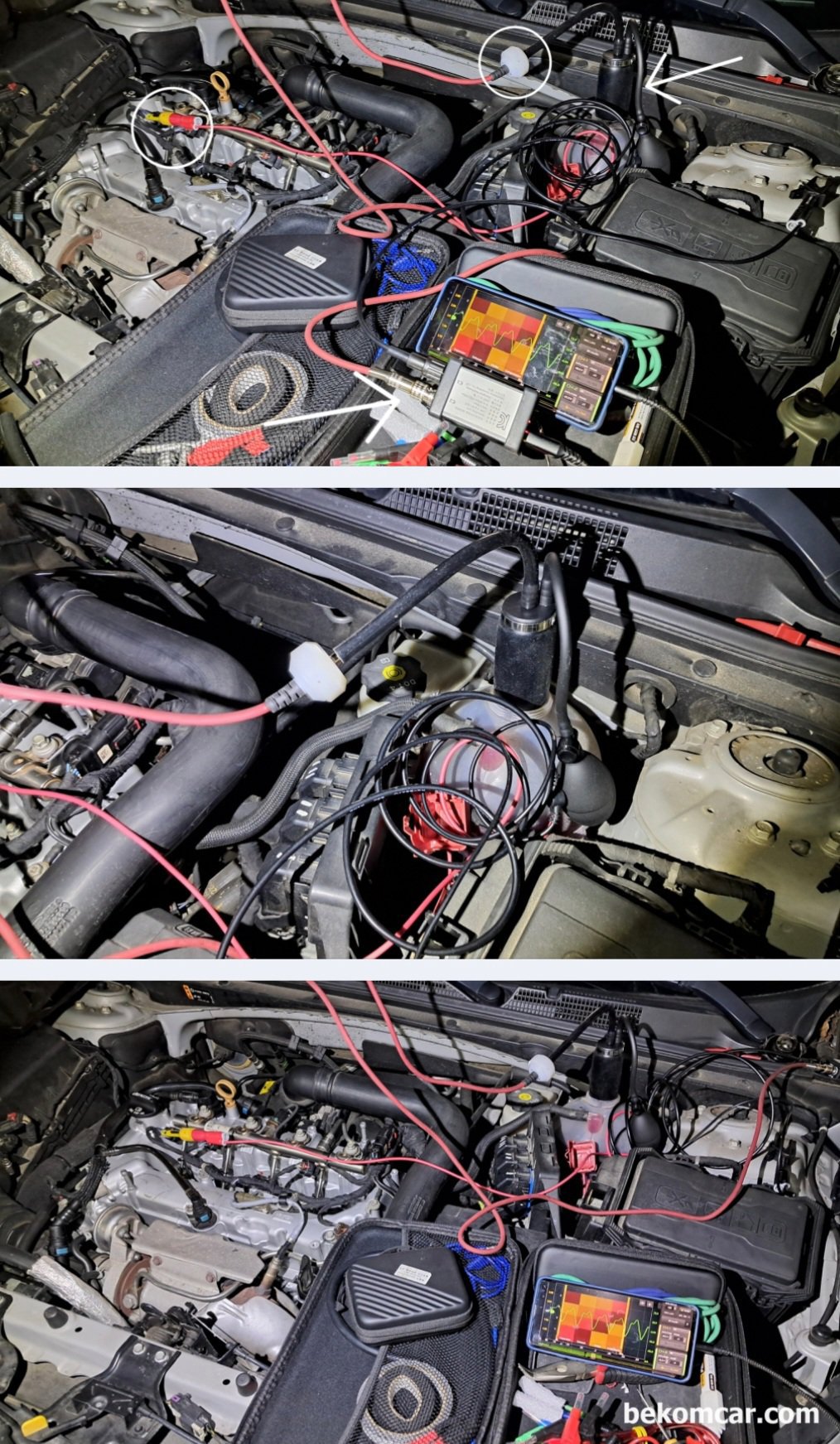 Chevy 말리부 1.5T 헤드가스켓 누수 점검 과정, 냉각수 보조통 파형측정 기록, HS512Max 스코프, ROTKEE PDS 피에조 펄스 센서 그리고 Autool 스모크머신을 활용하여 실린더헤드 개스킷 누수 있는지 확인하는 파형이다. #1번 실린더에 싱크 채널 연결하였고 냉각수 보조 통에서 기밀 상태를 유지하면서 크랭킹 하면서 압력 변화를 측정하는 환경이다. 피에조 펄스 센서는 압력이나 진동 등에 민감하다. 그래서 항상 엔진룸에 올려놓지 않고 공중에 매달아 두는 것이 좋다. 또한 냉각수 보조 통이나 라디에이터 뚜껑에서 압력 변화를 측정할 때 공기가 새지 않도록 기밀을 잘 유지하여야 한다. 헤드 개스킷 누수 측정 차량은 2017년 쉐보레 말리부 1.5T 차량이다.|bekomcar.com