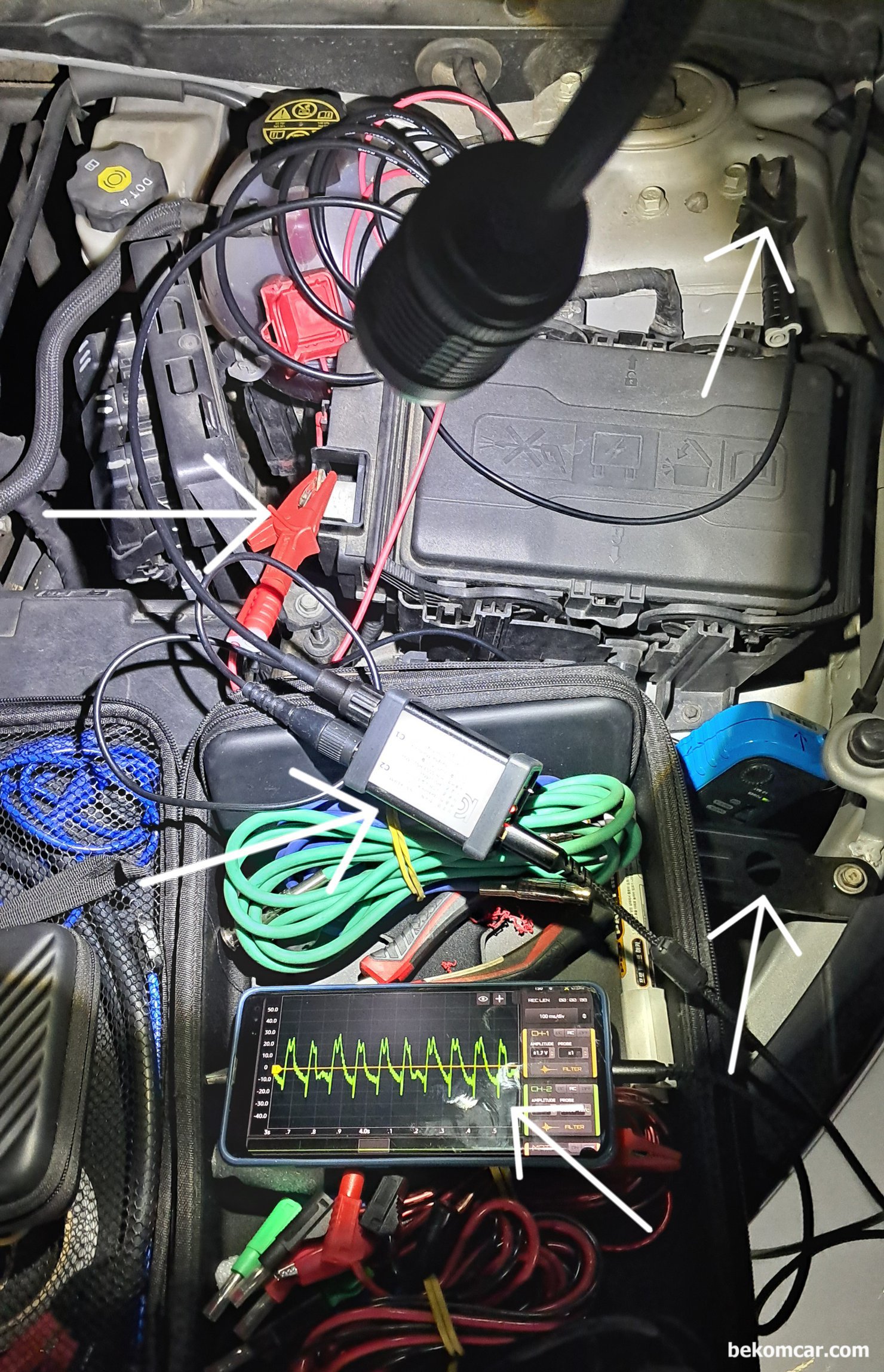 엔진 실린더 R/C 압축압력측정,  쉐보레 올 뉴 말리부 1.5T, 압축압력 측정환경이다. HScope 오실로스코프 프로그램, HS512Max 스코프, Hantek CC650 대 전류계 그리고 범용 BNC 케이블을 사용했다. 압축압력 측정 차량은 Chevy All New Malibu 1.5T 2017년 차량이다.|bekomcar.com