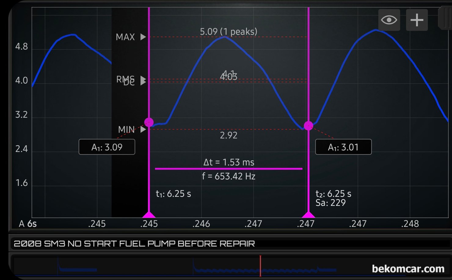 르노삼성 SM3 시동불량 관련 연료펌프 파형, 베콤카 고객 원격기술지원 사례, 르노삼성 SM3 시동불량 관련 연료펌프 교환 하기전 모터진단 파형 상세분석이다. 연료펌프에 8개 세그먼트가 있고 각 세그먼트에 브러시가 접촉되면서 전기를 공급하여 펌프가 돌아간다. 한 세그먼트 당 접촉시간은 약 1.53ms 정도로 측정되고 있다.|贝科姆汽车 (bekomcar)