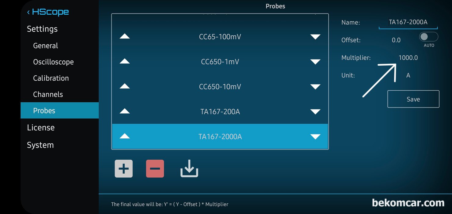 피코스코프 전류계 TA167 (200A & 2000A) HS512Max 스코프 세팅방법, HS512Max에서 피코스코프 전류계 TA167 2000A (1mV/A) 세팅이다. 화면처럼 Multiplier를 1000.0 으로 세팅해주면 된다. 다음에 전류계 사용시 TA167-2000A를 선택하여 사용하면 된다.|베콤카 차량정밀진단