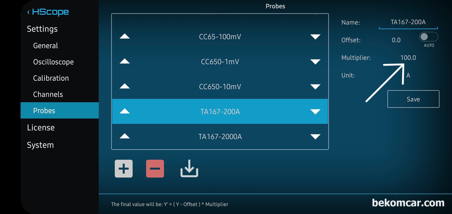 피코스코프 전류계 TA167 (200A & 2000A) HS512Max 스코프 세팅방법, HS512Max에서 피코스코프 전류계 TA167 200A (10mV/A) 세팅이다. 화면처럼 Multiplier를 100.0 으로 세팅해주면 된다. 다음에 전류계 사용시 TA167-200A를 선택하여 사용하면 된다.|베콤카 차량정밀진단