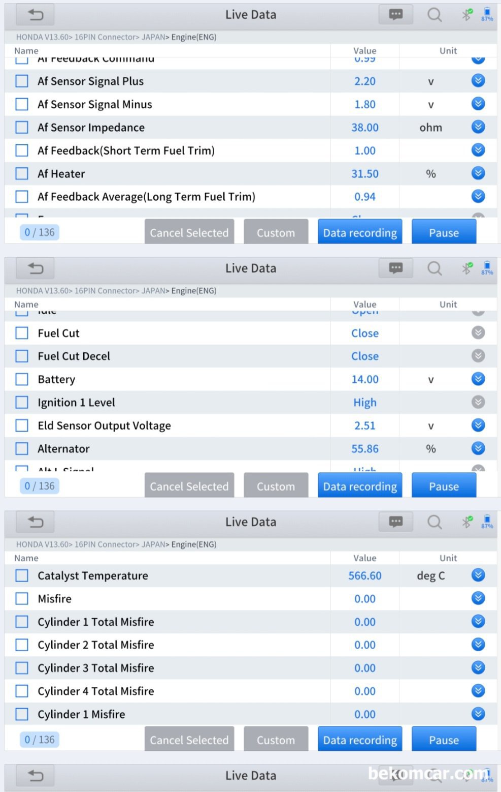 혼다 어코드 8세대 촉매효율저하 P0420 상태진단, 혼다 어코드 8세대 촉매효율저하 P0420 상태진단 기록. 실화기록 없고 공연기 LTFT 값도 약 -0.8% ~ -6.0%로 정상범위 이다|ベコムカー (bekomcar)