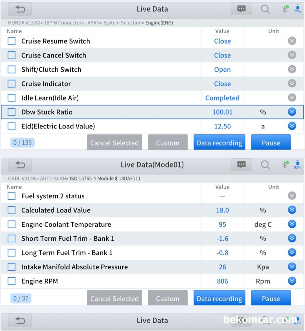 혼다 어코드 8세대 촉매효율저하 P0420 상태진단, 혼다 어코드 8세대 촉매효율저하 P0420 상태진단 기록이다. DBW 막힘이 100%인것 이외 엔진상태는 특이점이 없다.|ベコムカー (bekomcar)