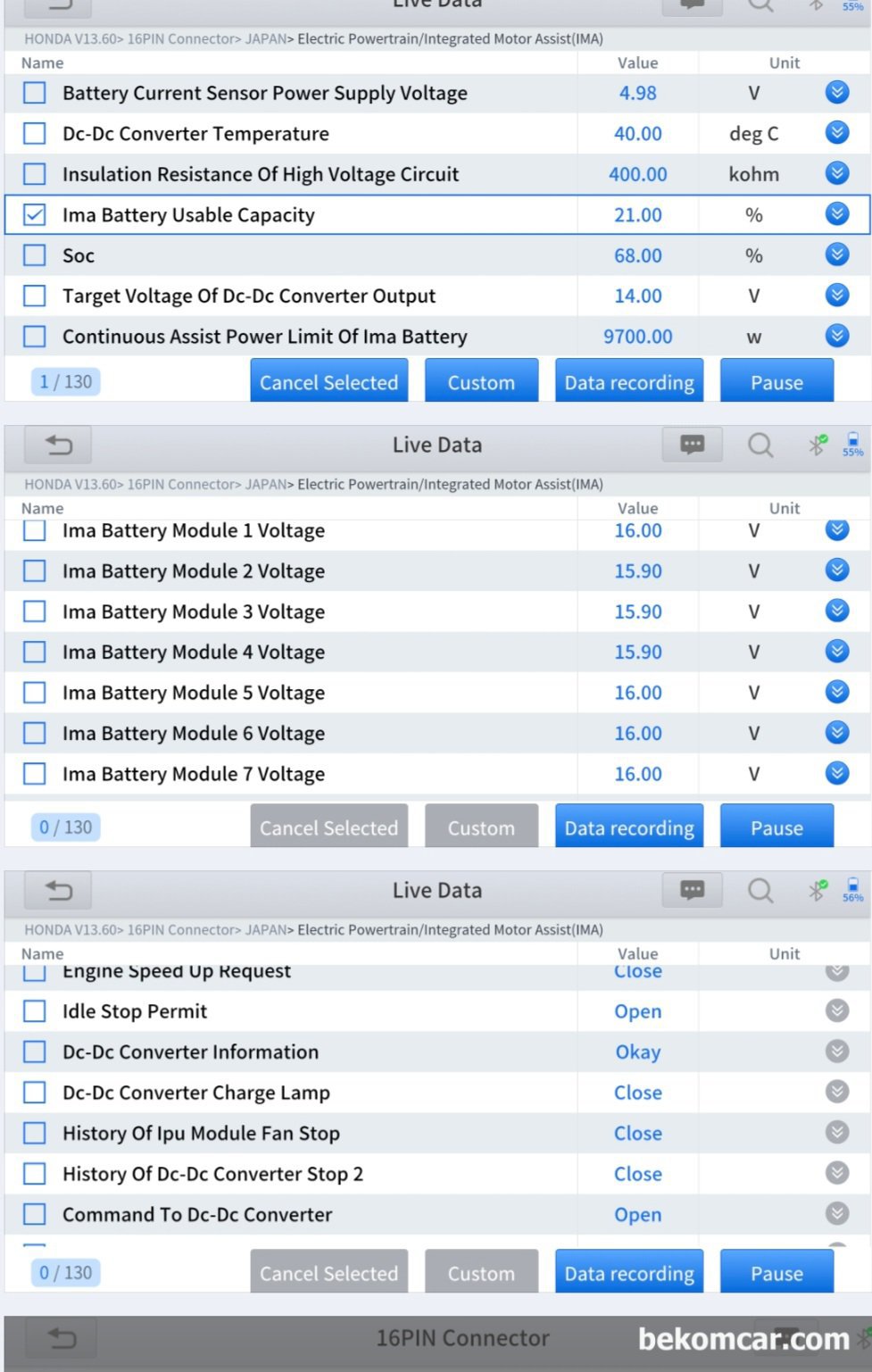 시빅, 인사이트, CRZ등 혼다 IMA 하이브리드 중고차구매점검 포인트, 배터리 잔여수명, 베콤카 출장 중고차구매 점검 차량은 2011년 혼다 인사이트 IMA 하이브리드 차량의 하이브리드 배터리 예상수명 과 12V배터리 충전해주는 DC DC 컨버터 상태를 알 수 있든 데이터이다. 물론 하이브리드 배터리 셀 밸런싱 상태 (15.90V ~ 16.0V)도 알 수 있다. 혼다의 최근 하이브리드 시스템은 7개의 배터리 셀이 아니라 72개 배터리 셀을 사용하고 있다. 각 연도 및 차량별 하이브리드 배터리 셀  수량은 차이가 있으니 꼭 해당 차량 하이브리드 시스템을 확인하도록 한다.|bekomcar.com