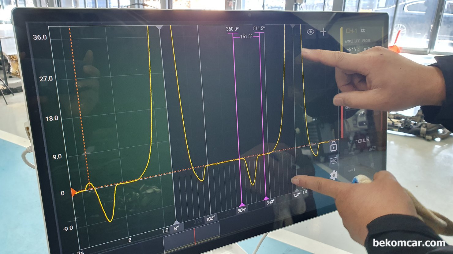 BMW 2010 GT 535i 실화고장코드 관련 #1실린더 크랭킹 압축압력 파형기록, BMW 2010 GT 535i N55 실화 고장 코드 관련 #1실린더 크랭킹 압축압력 파형 기록이다. 실린더 압축 압력 파형을 보면서 함께 분석했다. 베콤카는 정비사에게 자동차 진단 전용 HS512Max 스코프와 PS16등 실린더 압축 압력센서 (In Cylinder Pressure Transducer)를 수입 공급하며 필요시 맞춤식 활용. 진단 워크숍도 함께 제공한다.|ベコムカー (bekomcar)