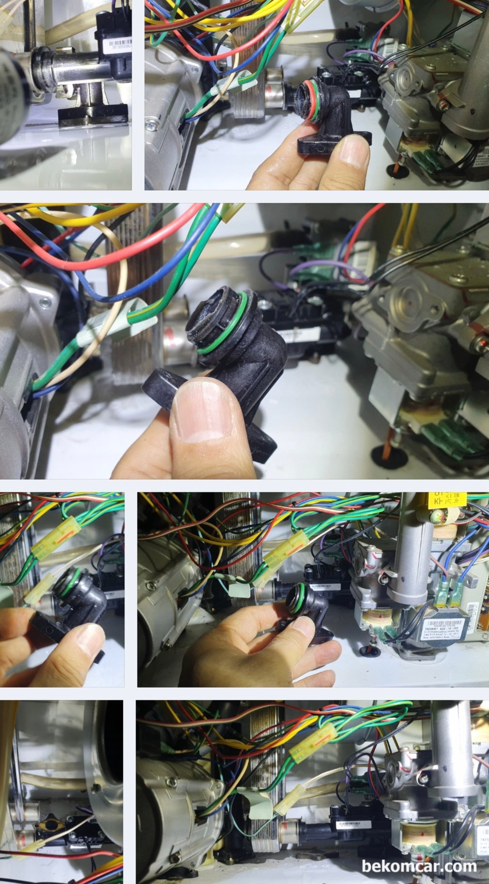 누수 진단 및 정비기록, 별 것 다 하였다., 확인결과 O링이 납짝하게 오징어가 되어있고, 인렛 파이프 안쪽에 구멍이 있다. 꼭 라디에이터 호스안쪽 플라스틱 연결코넥터 가 삭아서 부셔진 상태처럼 되어있다. 전체적으로 작업 난이도는 낮다.|贝科姆汽车 (bekomcar)