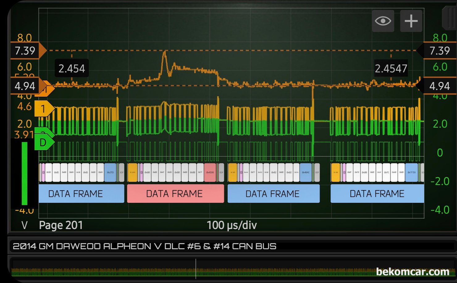 캔 통신이란? 그리고 파형 분석은 어떻게 하는가?, 캔 통신의 핵심 포인트는 2개 시그널 차이점 (Differential) 을 측정해서 최소. 최대 한계점 넘으면 에러로 하는 로직이다.  베콤카에서 수입하여 공급하는 HS512Max 스코프 기능중에서 캔 통신 디코딩 및 파형 수학채널 기능은 파형을 단순화 해서 분석을 쉽게 한다. 정비사 시간을 아껴주는 기능이다.|贝科姆汽车 (bekomcar)