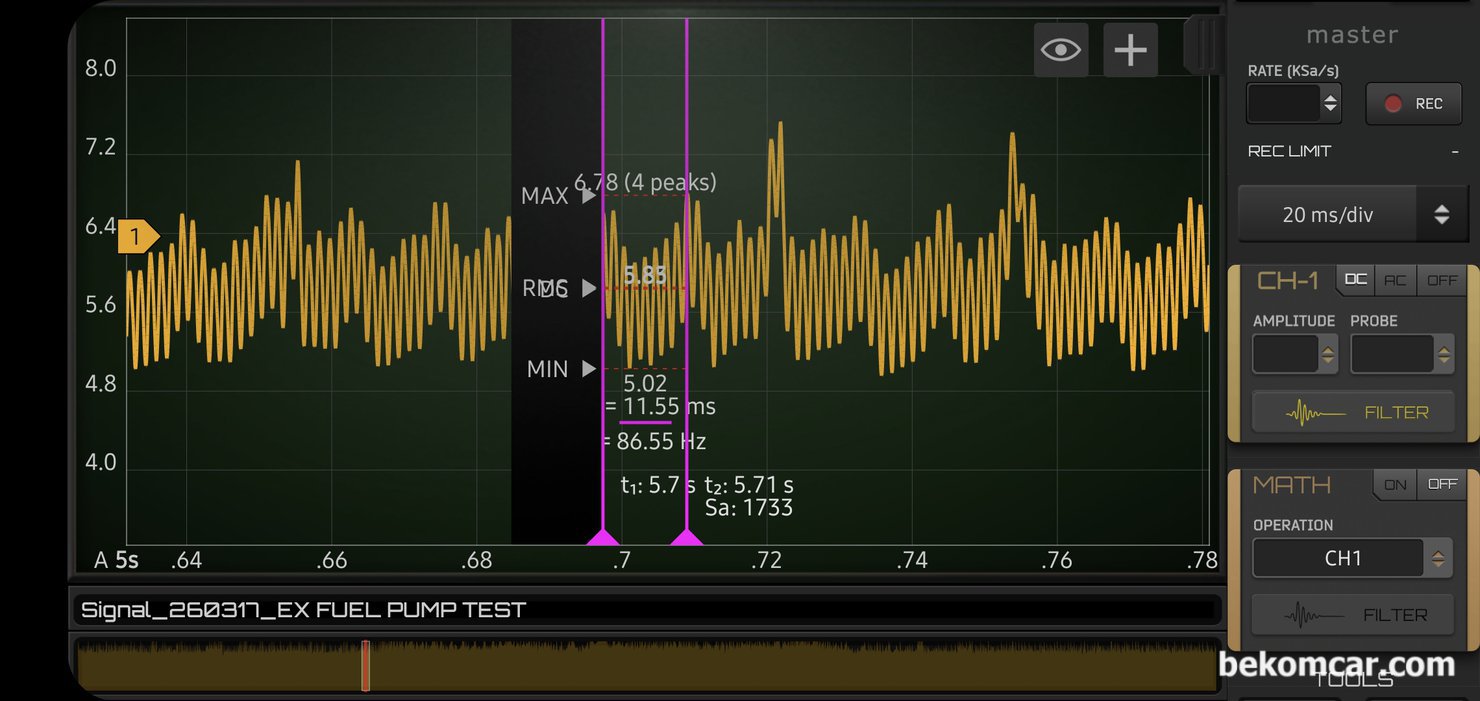 연료펌프, 연료필터, 연료압력등 분석 파형분석 (포드 익스플로러 사례), 베콤카 고객사 정비소에서 보내온 연료펌프 파형, 약 5,194RPM 에 최소 5.02A ~ 최대 6.78A, 그리고 평균 약 5.85A 사용하고 있다. 정상적인 연료펌프로 진단된다.|베콤카 차량정밀진단