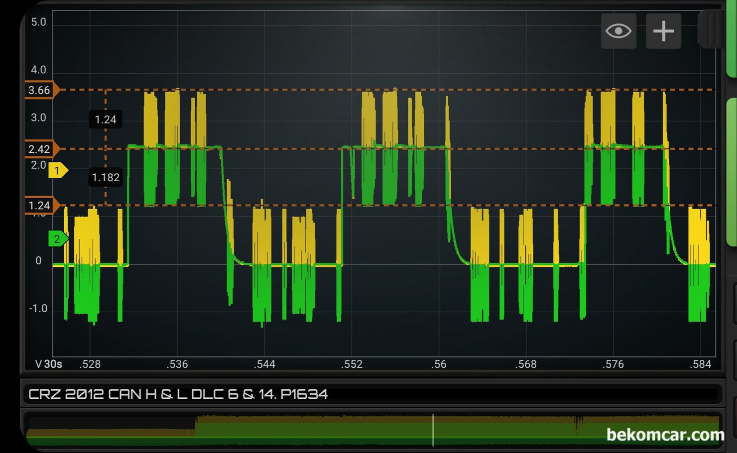 캔 트랜시버 고장가능성 높은 캔 통신파형 (혼다 CRZ 하이브리드 사례), 캔 트랜시버 칩 고장시 캔 통신파형 사례 (모듈 고장인 경우) 이다. 베콤카에서 진단한 차량은 혼다 CRZ 하이브리드 차량이다. 베콤카 정비사 캔 통신 교육 과정의 자료중 하나를 공개 하는것이다. 베콤카는 물론 캔 통신 및 엔진 진단등 필요한 오실로스코프 와 실린더 압축 압력 센서 등 필요한 측정 장비도 수입하여 공급하고 있다.|ベコムカー (bekomcar)