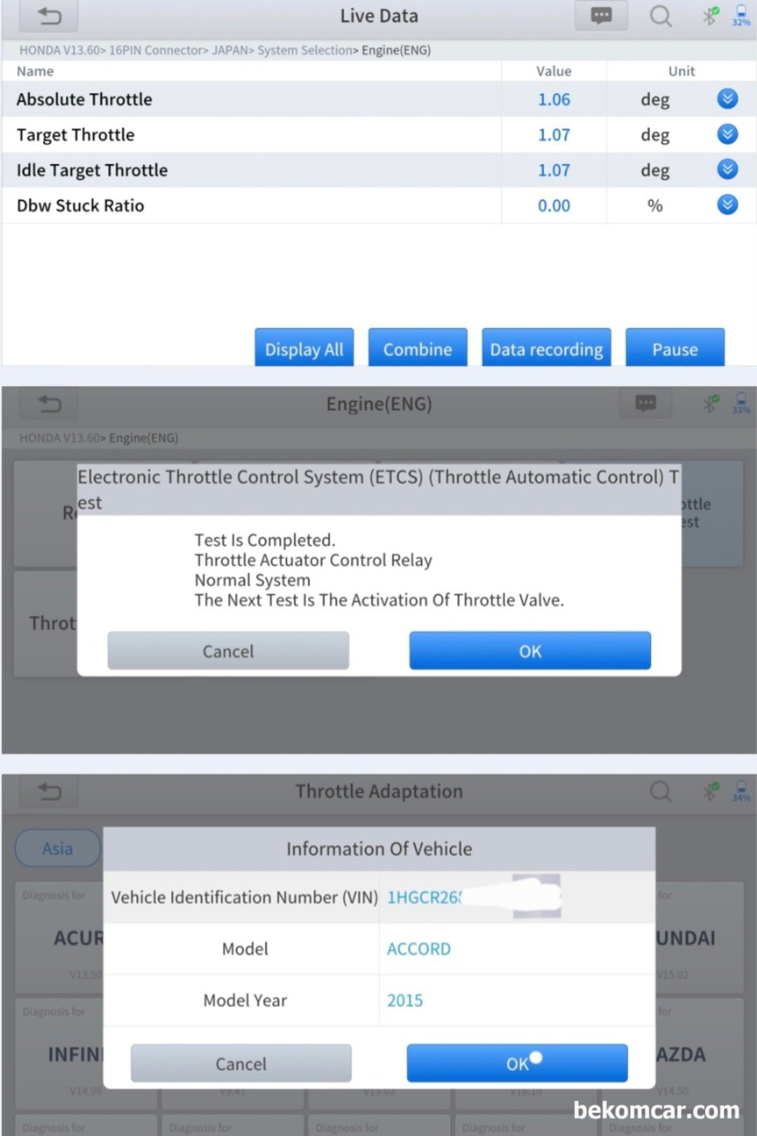 혼다 어코드 2.4L 2015년 쓰로틀바디 청소, TPS초기화 및 검증작업 기록, 혼다 어코드 2.4L 2015년 쓰로틀바디 청소, TPS초기화 및 검증작업 기록이다. 쓰로틀바디 청소후에 초기화 (TPS & ECM) 를 해준다. 그리고 쓰로틀바디 엑추에이터 제어 릴레이등 도 테스팅하여 정상인지 확인한다. 그리고 시동걸고 ECM이 원하는 쓰로틀바디 열림 각도 와 실제 각도가 2.0도 이하인지 확인한다. 측정결과 1.07도 정도이다. 매우 만족스럽게 쓰로틀바디 청소가 되었다.  청소전에는 쓰로틀바디 플랩 보정된 열림 각도가 약 5.0도도 이었다.|بيكومكار  (bekomcar)