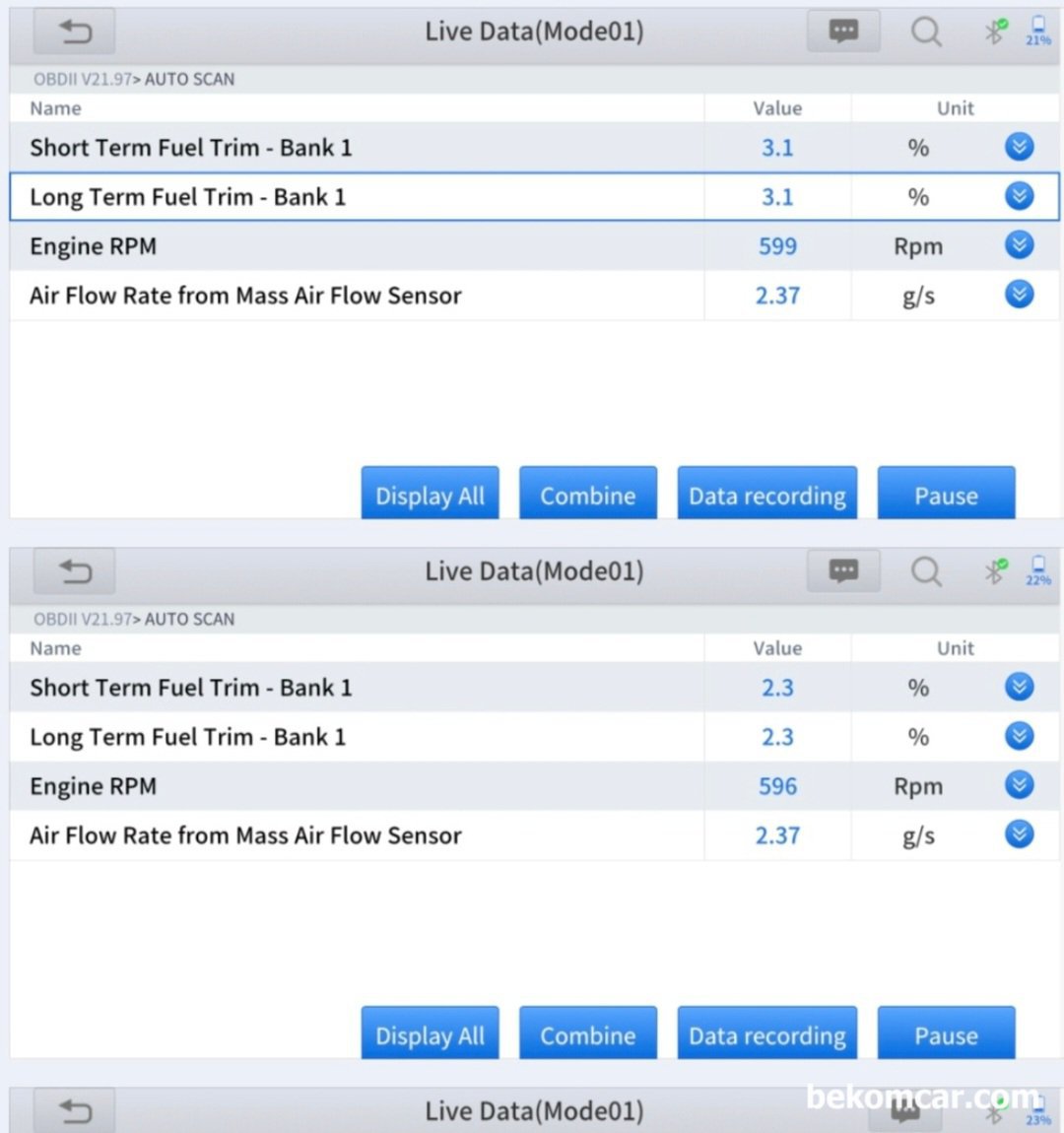 혼다 어코드 2.4L 2015년 쓰로틀바디 청소, TPS초기화 및 검증작업 기록, 혼다 어코드 2.4L 2015년 쓰로틀바디 청소, TPS초기화 및 검증작업 기록 이다. 쓰르톨바디 청수후에 주행시험 하면서 단기연료보정값 및 장기연료보정값을 확인한다. 3.1% 와 2.3%등 매우 만족스럽다. 최종적으로 약 1주일 정도 후에 재 측정하기로 했다. 왜냐하면 공연비 농후 P0172고장코드가 있었기 때문이다. 하지만 이제는 공연비농후 고장코드 P0172는 뜨지 않을듯 하다.|بيكومكار  (bekomcar)