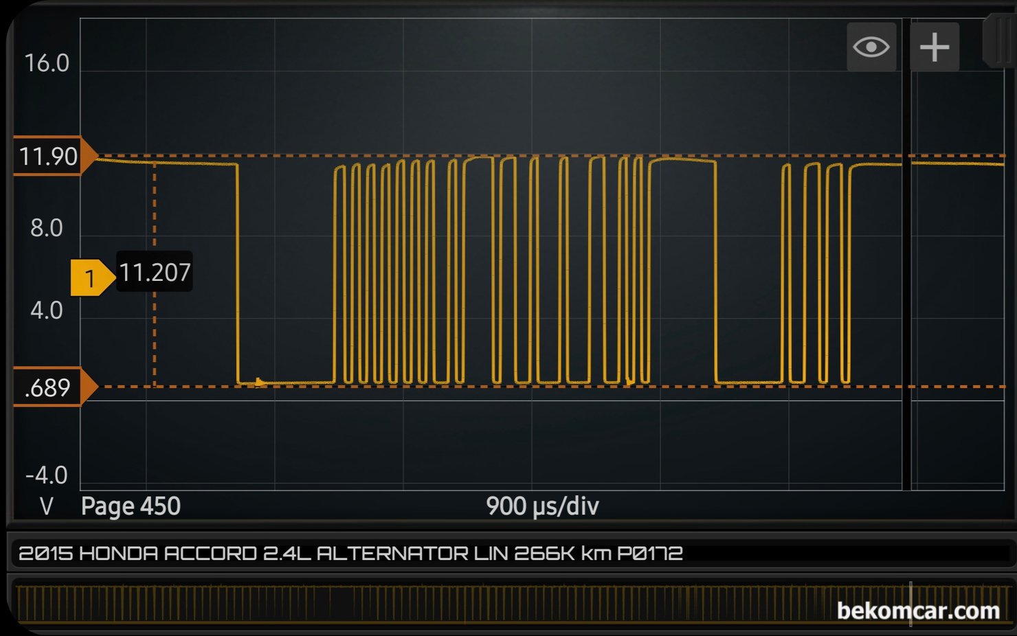 혼다 어코드 9세대 2.4L 린버스 통신 파형 및 알터네이터 제어상태 점검, 혼다 어코드 9세대 2.4L 린버스 통신 파형 및 알터네이터 제어상태 점검 LIN통신 파형이다. 매우 정상적인 린버스 통신 파형이다. 0V에서 12V 까지의 네모파형 이다. 혼다 어코드의 경우 9세대 (2013년) 부터 알터네이터 제어가 린버스 통신으로 변경되었다.|بيكومكار  (bekomcar)