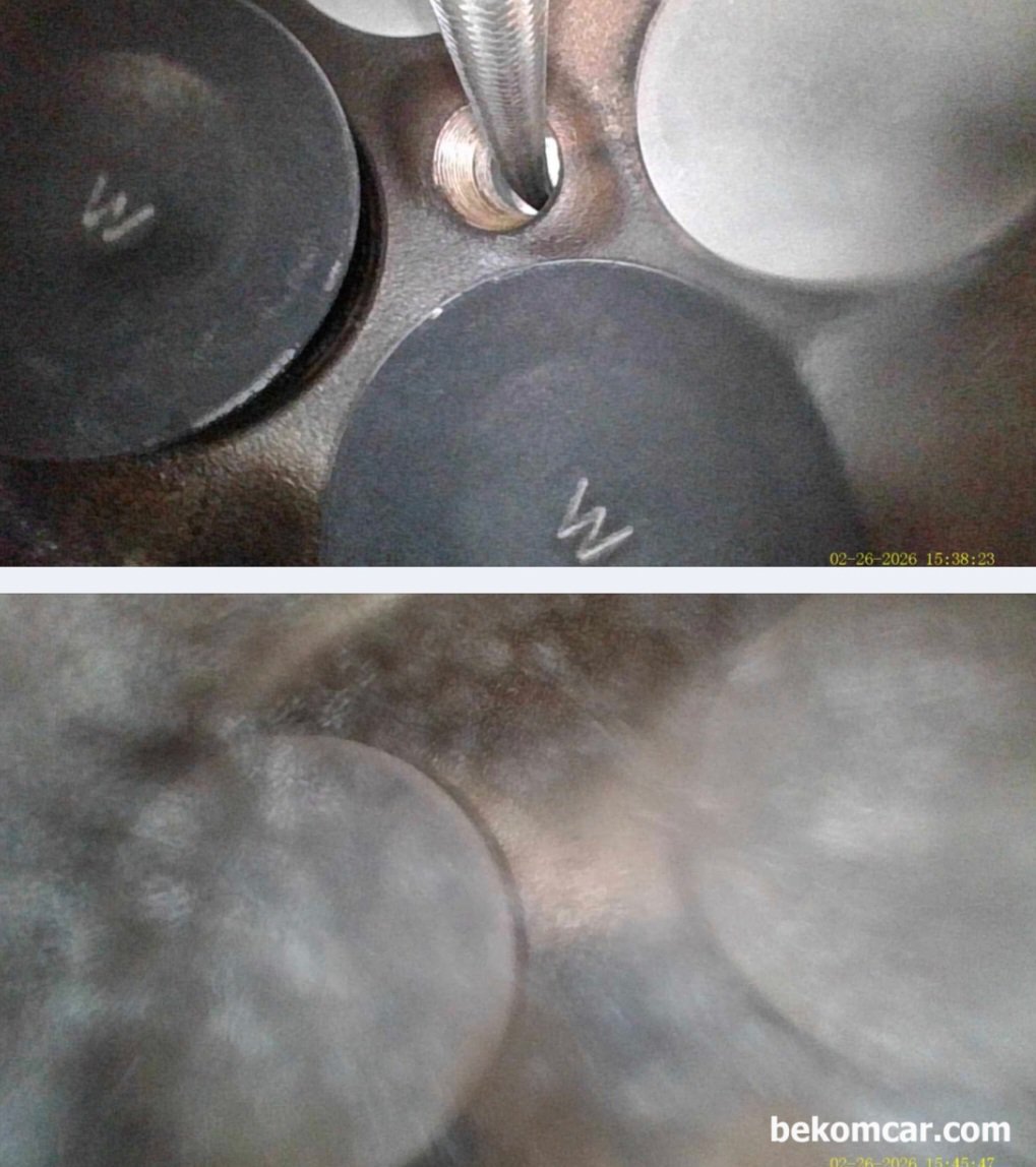 정비사로 기분이 좋을때, 정확한 진단을 통하여 고객 스트레스 가 사라질때, #1번부터 #4번 실린더까지 실린더, 피스톤 및 흡기밸브, 배기밸브, 인젝터 분사 노즐 등 내시경 육안 검사를 한다. 직분사 엔진이 상대적으로 상당히 깨끗하고 약간의 유분기가 있다. 그리고 결정적으로 #4번 실린더에서 사실상 인젝터 리크가 확인된다. 꼭 눈보라 치는 느낌이다. 다른 3개 실린더와는 상황이 상당히 다르다. 인젝터가 있는 밸브쪽 비교사진이다. 인젝터 리크가 있는 #4번 실린더와 다른 3개 실린더는 확연히 다르다. 인젝터 분사량이 차이가 규정 범위를 벗어나 공연비가 틀어지면 순간 시동 지연이 당연히 발생하게 된다.|bekomcar.com