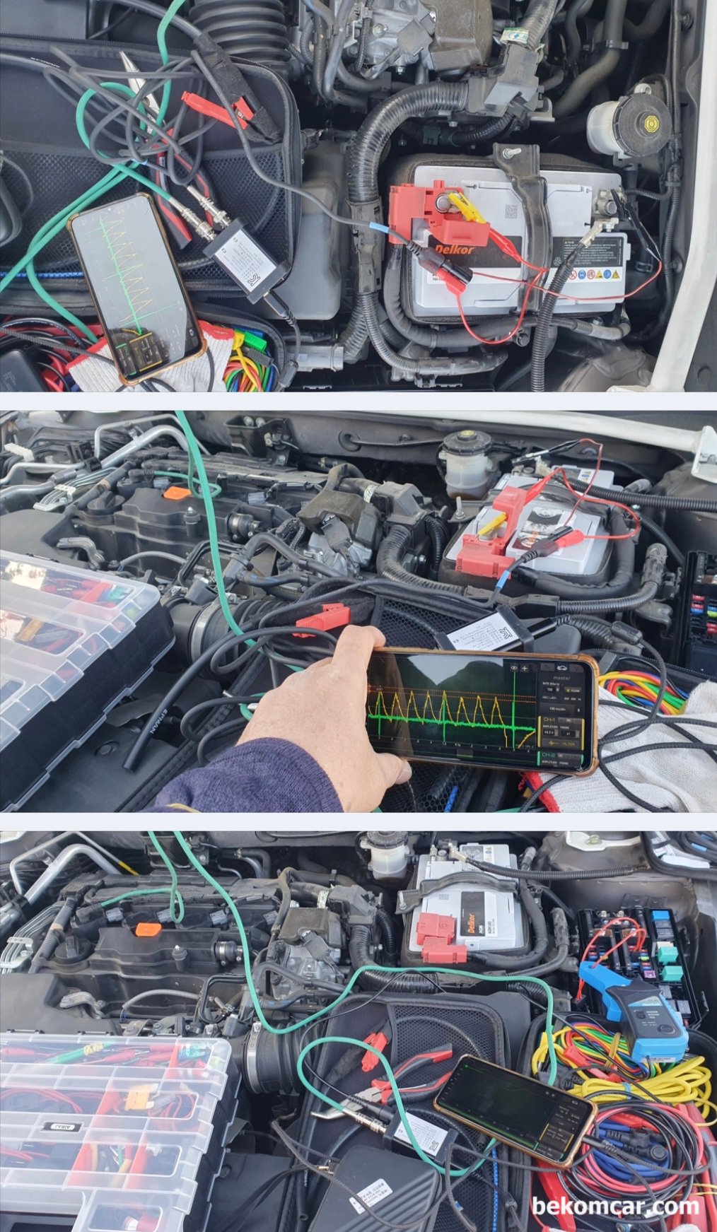 정비사로 기분이 좋을때, 정확한 진단을 통하여 고객 스트레스 가 사라질때, 혼다 어코드 10세대, 약 7년정도 시동지연, 베콤카 정밀 진단 과정이다. HS512Max 오실로스코프, ROTKEE PS16 실린더압축압력센서 및 각종 내시경등 장비를 이용하여 데이터를 수집하여 시동지연 원인을 찾아내는 과정이다.|bekomcar.com