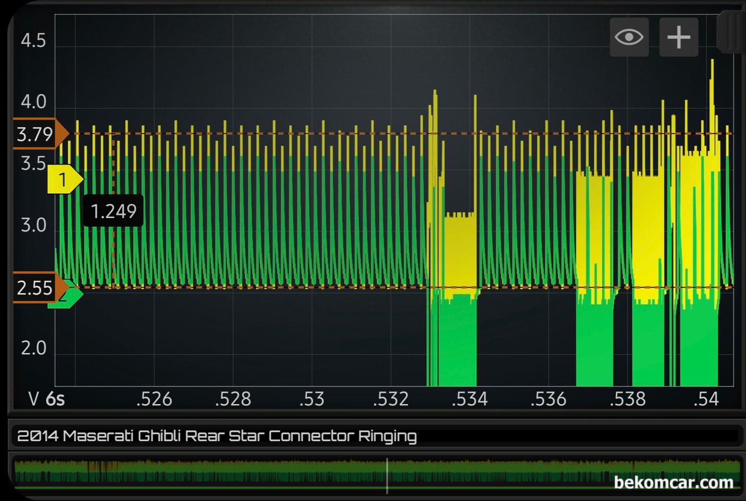 HVAC & 창문제어 고장 캔 통신진단 및 해결사례, 마세라티 기블리, 마세라티 기블리 창문 과 공조기 냉 난방 제어 불가 증상이다. 좀 더 자세히 확대하여 살펴본다. 이제는 좀 더 자세히 파형을 살펴본다. 캔 하이 와 캔 로우가 겹쳐서 보이는것이 확인되고 있다. 캔 통신 에러가 확인되고 있다.|ベコムカー (bekomcar)