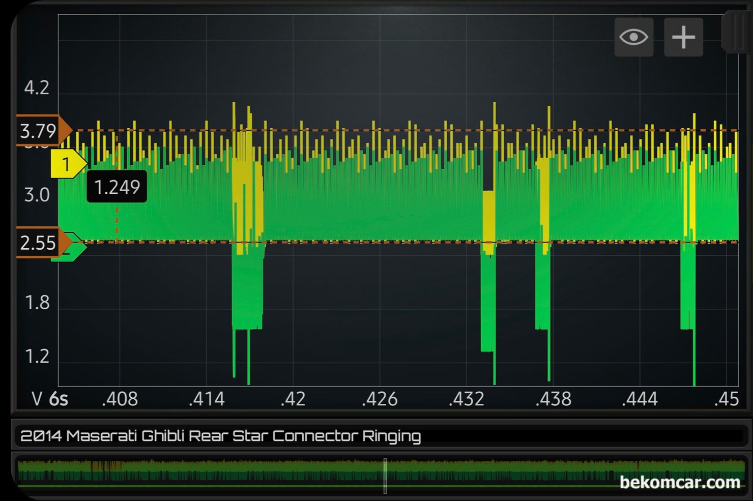 HVAC & 창문제어 고장 캔 통신진단 및 해결사례, 마세라티 기블리, 창문제어 고장 캔 통신진단 및 해결사례 는 마세라티 기블리 차량이다. 전형적인 캔 통신 에러 파형이다. 초록색으로 보이는 것은 노락색 CAN High를 초록색 CAN Low가 겹쳐있기 때문이다. 캔 통신 에러이다. 기록으로 남긴다.|ベコムカー (bekomcar)