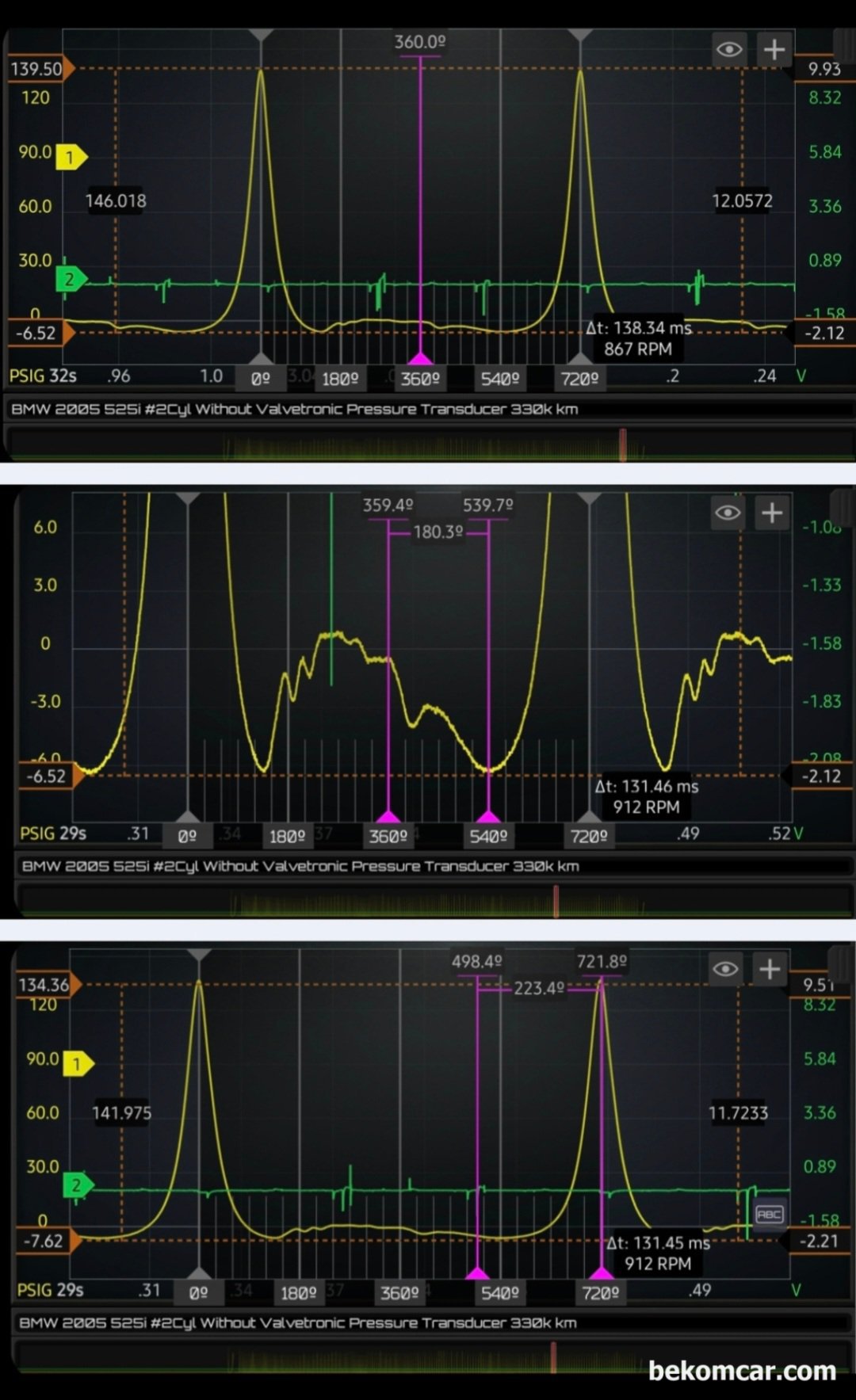 BMW 525i E60 시동꺼짐 실린더압축압력센서 파형 분석기록, BMW 525i E60 시동꺼짐 실린더압축압력센서 파형 분석기록으로, 흡기밸브 기계적 고장진단을 가능하게 한 파형이다. 약 2코 정도가 진각 (Advanced) 된상태로 진단된다. 그리고 흡기밸브가 제대로 잘 열리지 않고 있거나 2개중 한개가 닫혔거나 등 이상이 있는것으로 판단된다.|베콤카 차량정밀진단