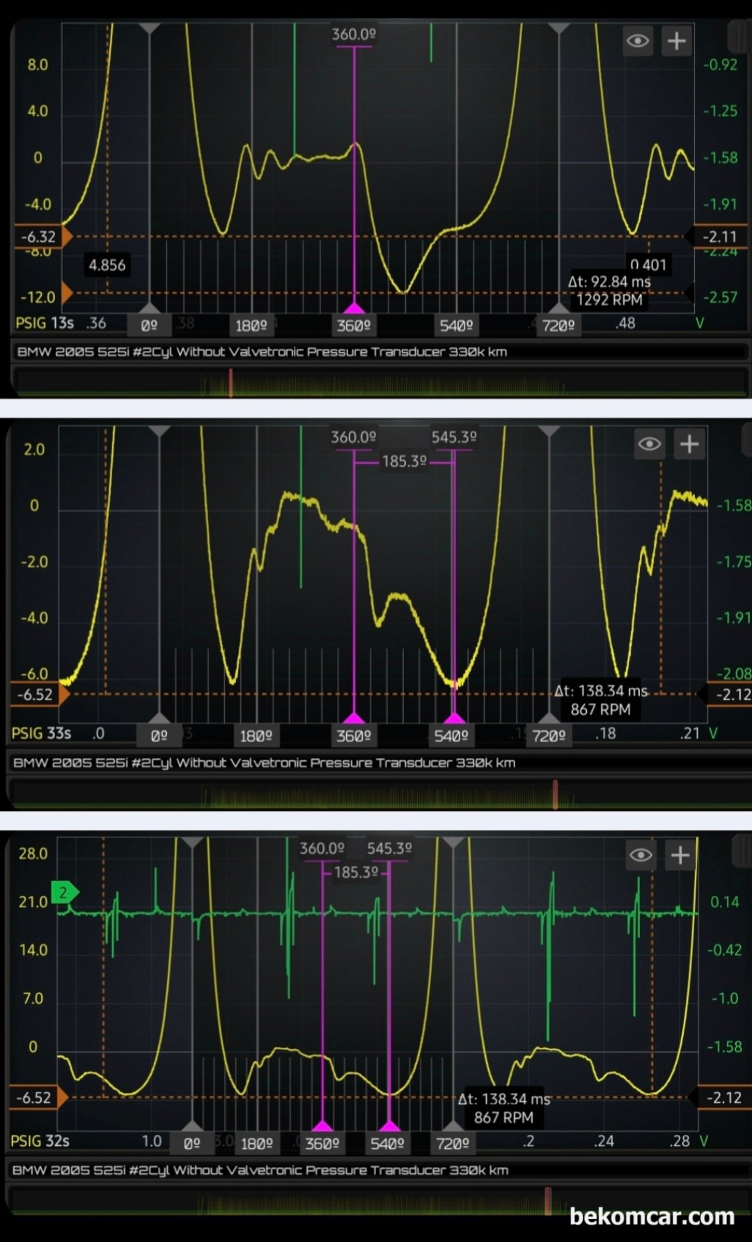 BMW 525i E60 시동꺼짐 실린더압축압력센서 파형 분석기록, BMW 525i E60 시동꺼짐 실린더압축압력센서 파형 분석 기록 으로 다른 구간의 파형을 분석한다. 파형 분석은 항상 한군데 에서만 하는것이 아니라 여러군데 포인트에서 파형 분석을 해야 한다.|베콤카 차량정밀진단