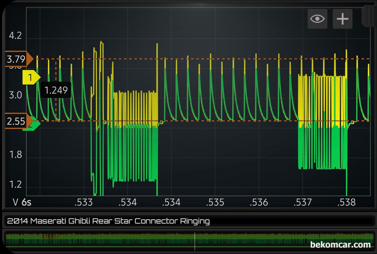 캔 통신 에러 종단저항 측정기록, 마세라티 기블리 사례, 이번에 베콤카 고객차량 마세라티 기블리 진단과정에서 측정된 캔 통신 종단저항 에러 파형이다. 캔 통신 진단시 오실로스코프 가 좋은 이유는 전기신호를 시각화 해서 쉽게 양 불 상태를 알수 있기 때문이다.|بيكومكار  (bekomcar)