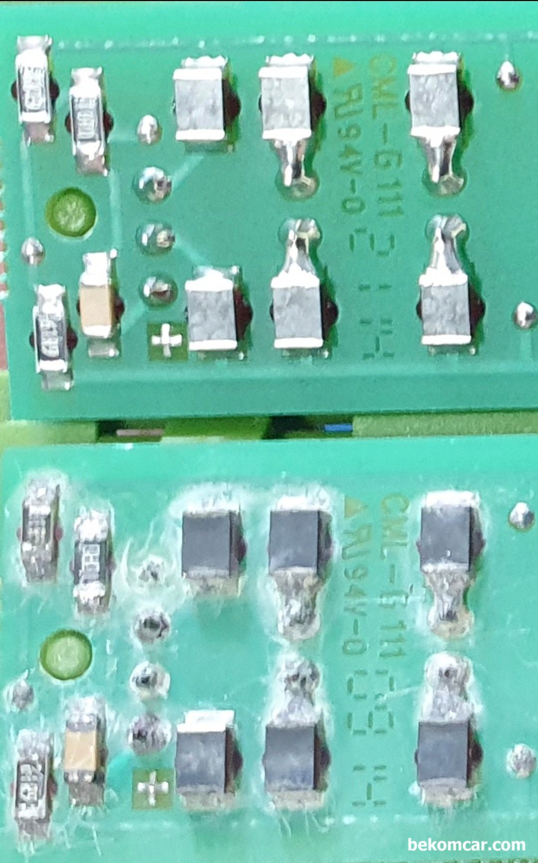 캔 통신 에러 종단저항 측정기록, 마세라티 기블리 사례, 캔 통신 종단 저항 60옴 ×2개 =120옴 회로설계가 되는경우도 있다. GM 크라이슬러 피아트 마세라티 등 차량에서 흔하게 발견된다. 수분침투로 부식된 모듈코넥터 와 vs. 마세라티 기블리 중고차에서 탈거해서 구매한 회로기판 비교이다. 수분침투는 오래두면 대부분 전기적 고장이 생길수 있다. 이번 마세라티 기블리 캔 통신에러도 수분침투가 원인이다.|بيكومكار  (bekomcar)