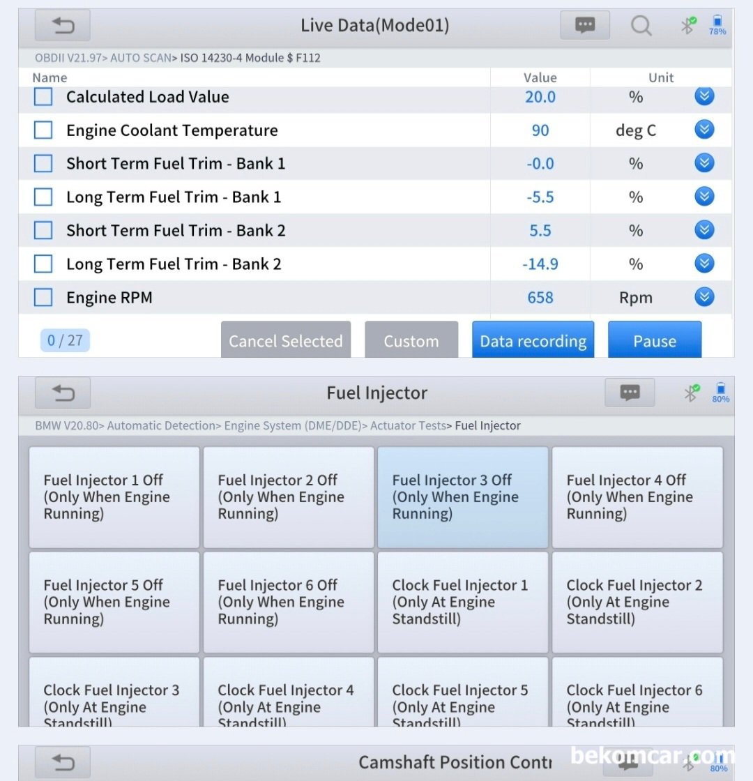 인젝터 분사량 고착등 진단과정, BMW 2005 525i E60, 인젝터 밸런스 테스팅 차량을 2005년 BMW 525i E60 V6 차량이다. 1번 부터 6번까지 차례로 인젝터 밸런스 테스팅을 한다. 그리고 뱅크별 연료보정값 도 같이 분석한다. 차량별 특징을 종합적으로 판단하여 분해없이 인젝터 정비 할지말지 결정할 수 있다.|بيكومكار  (bekomcar)