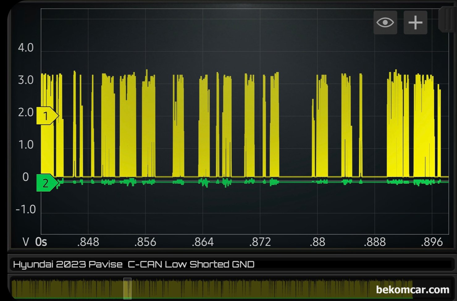 베콤카 정비소 출장 캔 통신 정비 워크샵, 현대 파비스 2023년 캔 통신파형, 베콤카 정비소 출장 캔 통신 교육중, 현대 파비스 2023년 캔 통신파형 기록이다. 캔 하이 와 로우의 선이 단락되거나 단선 그리고 저항등의 있는경우 파형이 달라지게 표시된다. 따라서 파형만 잘 분석해도 고장 유형을 알 수 있다.|贝科姆汽车 (bekomcar)