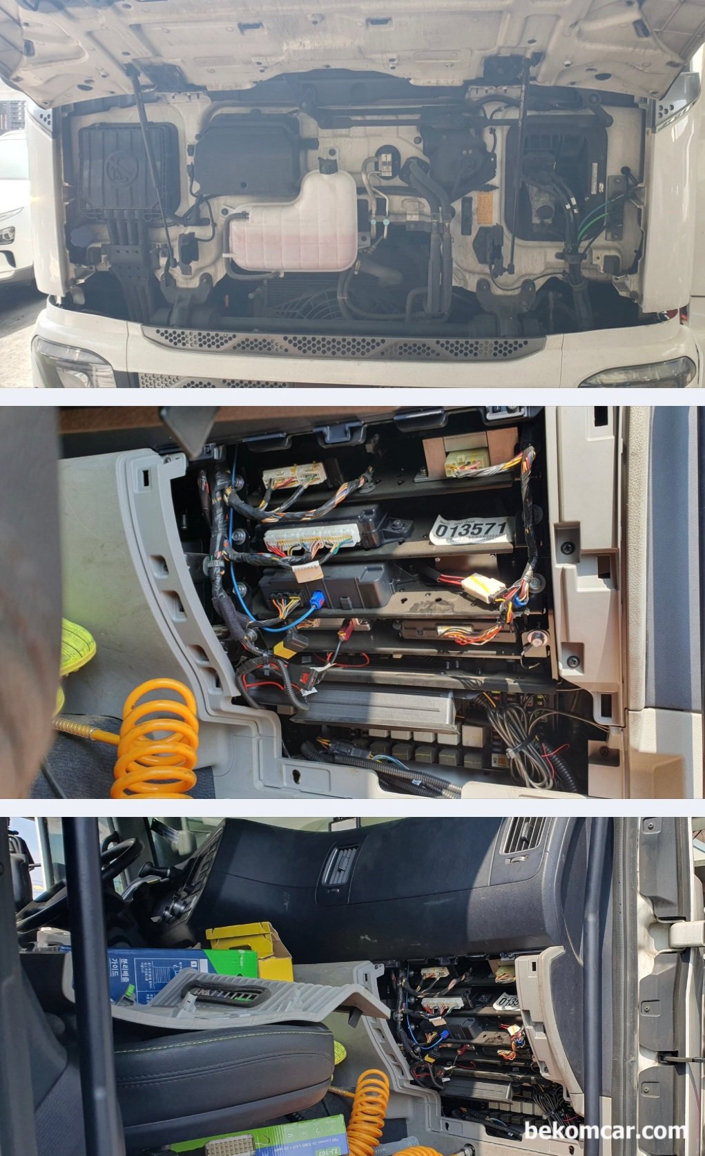 현대자동차 파비스 캔 통신 실습차량, 엔진등 차량 사진기록, 베콤카 정비소 출장 캔 통신 워크샵에 사용한 현대 파비스 트럭. 조수석 대시보드에 휴즈정션 박스와 다양한 모둘들이 눈에 들어온다. 역시 접근성이 좋다. 실제 세부적인 작업을 할 경우 어떨지 모르겠지만, 얼른 보기에는 접근성과 정비성이 좋아보인다.|贝科姆汽车 (bekomcar)