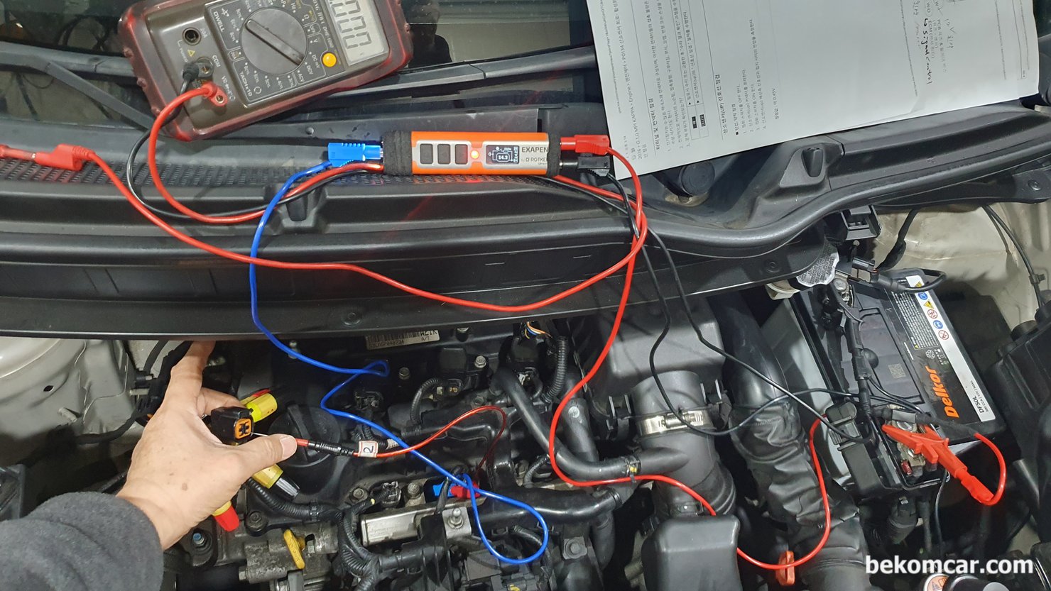 기아자동차 레이 산소센서 P0134 진단 기록, 기아자동차 레이 산소센서 P0134. 산소센서 자체보다 하네스에서 전압강하가 있거나 ECM 그라운드 배선에 점검이 필요한 것으로 진단 되었다. 사용된 ROTKEE 엑사팬은 휴대성 좋은 회로점검 측정 장비이다.|贝科姆汽车 (bekomcar)