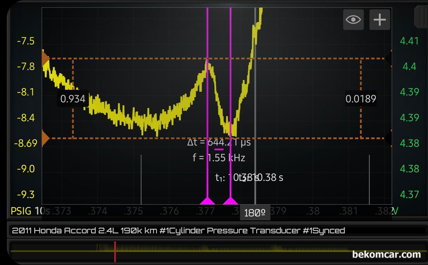 배기밸브 실린더내시경 기록, 혼다 어코드 8세대 2.4L, 혼다 어코드 8세대 2.4L 4기통 K24엔진의 실린더압축압력센서 파형이다. 얼른 보면 특이 사항이 없는것 처럼 보인다. 특이점은 배기밸브가 열리다가 600μs정도 사이에 약 1.0PSI 압력이 떨어지다가 바로 다시 대기압으로 올라가고 있는 상태이다.|ベコムカー (bekomcar)