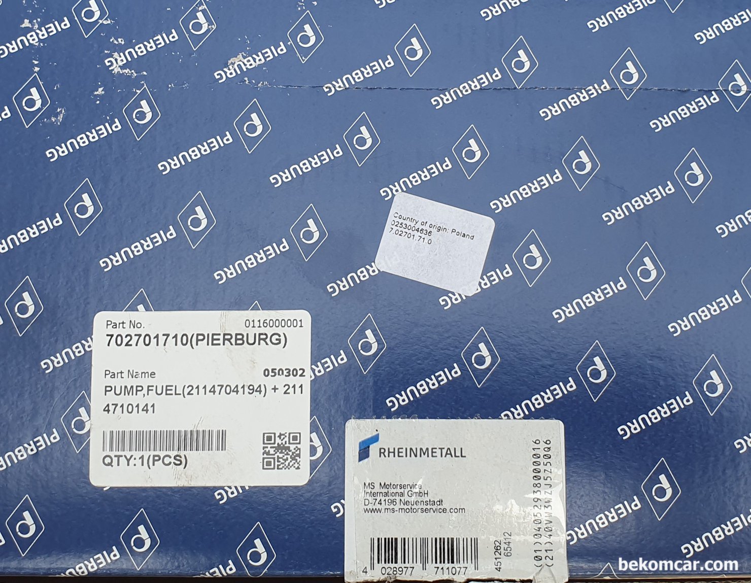 E200K W211 주행중 시동꺼짐 진단 및 정비 추가기록, 연료펌프 어셈블리 & 분해기록, Pierburg 브랜드의 연료펌프 어셈블리는 독일 브랜드로, 유럽체에게 가격과 품질의 최적 밸런스를 제공하는 브랜드이다. PUMP, FUEL 이다. Pierburg 부품번호는 7027017710 이다. 연료펌프는 폴란드에서 제조되어 수입되었다.|贝科姆汽车 (bekomcar)