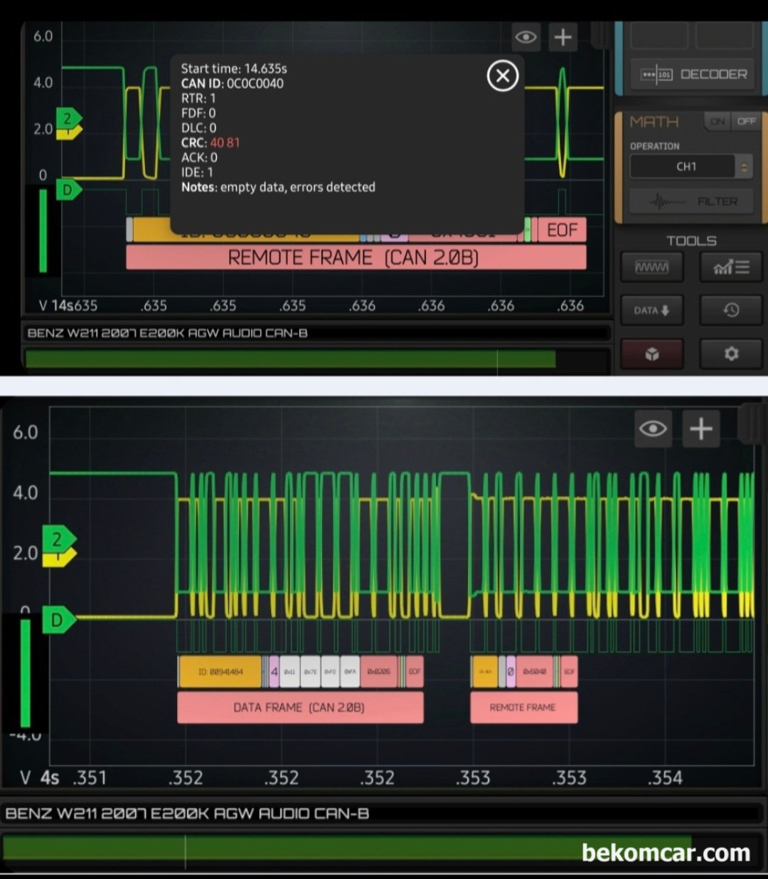 E200K 캔 통신 에러관련 기초자료 진단기록, UCP 9028 & CAN 930E등, 2007년 메르세데스 밴츠 W211 E200K  UCP 9028 & CAN 930E  고장코드 관련 스코프 파형이다. 정상처럼 보이지만 에러가 있는 데이터 패킷이다.|贝科姆汽车 (bekomcar)