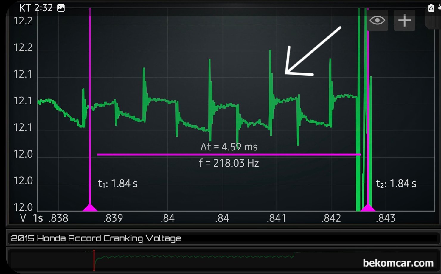 어코드 초기 정차후 출잘시 엔진꺼짐 과 공연비농후 P0172 진단 정비사례, 혼다 어코드 2015년 9세대 초기 정차후 출발시 엔진꺼짐 과 공연비농후 P0172 진단 정비사례이다. 크랭킹 파형의 화살표 부분 중에서 또 화살표 부분을 확대하여 살펴보는 파형이다. 꼭 점화파형 이다. 눈에는 보이지 않지만 초기 시동시 ECM이 점화시그널을 보내지 않았나 생각해본다. 지금껏 지나쳤던 파형이다. 정밀 스코프 HS512Max 성능이 놀랍다. 눈에 보이지 않는 파형의 모퉁이 에 이런 점화파형이 숨어 있었다니. 재미있는 발견이다. 그래서 기록으로 남긴다.|بيكومكار  (bekomcar)